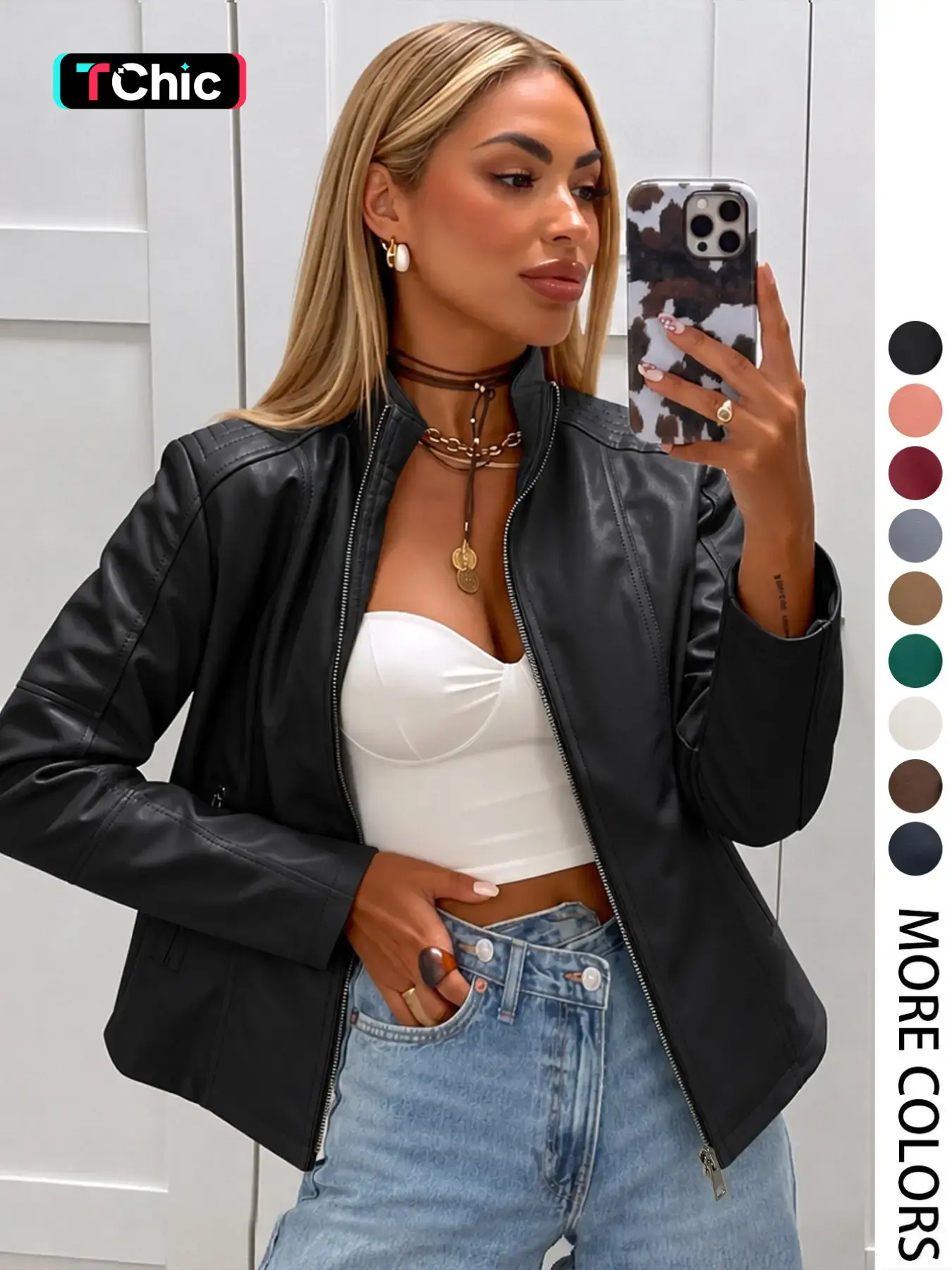 Giolshon Women's PU Motorcycle Jacket, Basic Casual Fitted Short Coat with Zipper Pockets, All Seasons Everyday Windbreaker for Street Style Streetwear