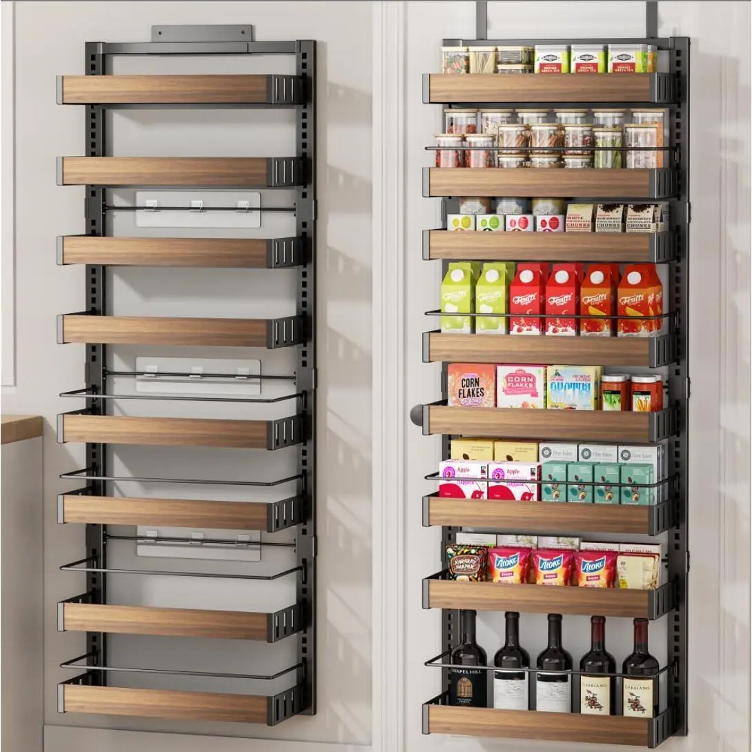 8 Tier Over The Door Pantry Organizer, 2 IN 1 Wall Mount or Hanging Spice Rack Seasoning Shelves with Adjustable Basket, Back of Door Organizer and Storage for Kitchen Cabinet and Room Closet