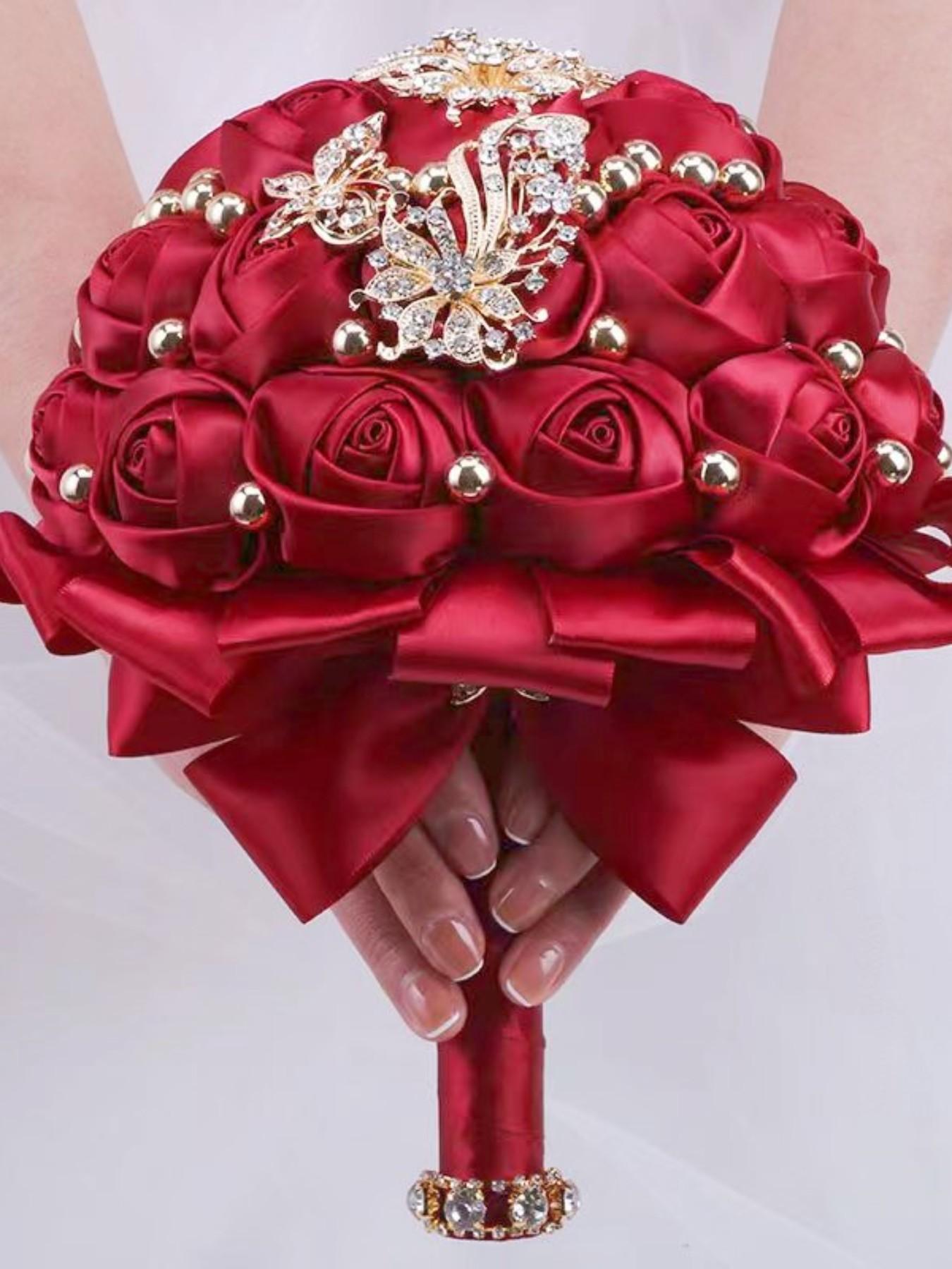 Handmade Ribbon Rose Bouquet, Artificial Roses, Faux Roses, Bride Bridesmaid Wedding Flower Bouquet, Rhinestone Alloy Decor, Valentine's Day Proposal Gift, Sweet 15 Quinceanera Bouquet Flowers
