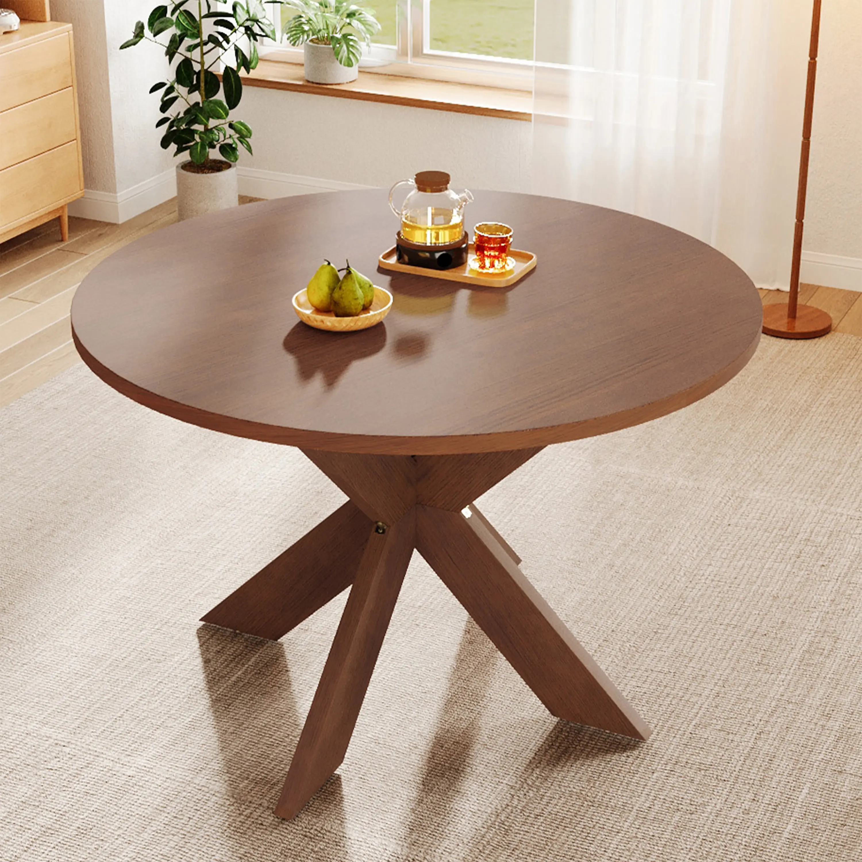 Nokaa Round MDF Dining Table - Modern Farmhouse Style, 46.1" Diameter Cherry Finish, Indoor Dining Room Furniture for Family Gathering