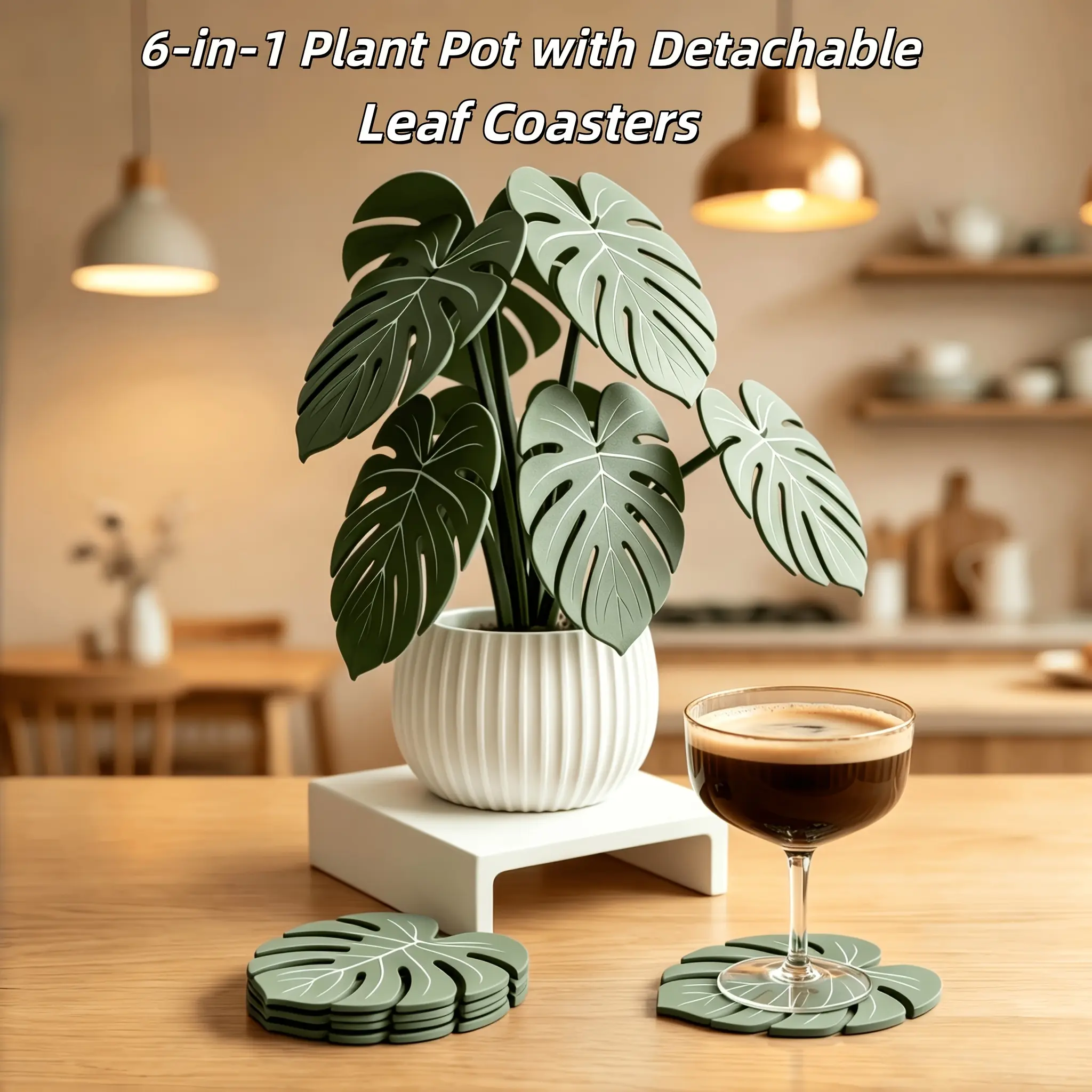 6-in-1 Malaysia tin leaf coaster set with a flower pot stand, Heat-resistant and non-slip coasters, Coasters for drinks, perfect for table plant decorations, Great for coffee, tea, home kitchen decor, Christmas decorations, housewarming gifts
