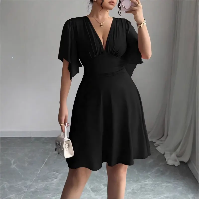 Cotton Comfort Solid Color Smocked Dress for Women, Deep V Neck Ruffle Sleeve Formal Evening Party Gown, Fashion Cute Elegant Outfit, Ideal Valentine's Gift for Her, Perfect Present for Lover, Family & Friends