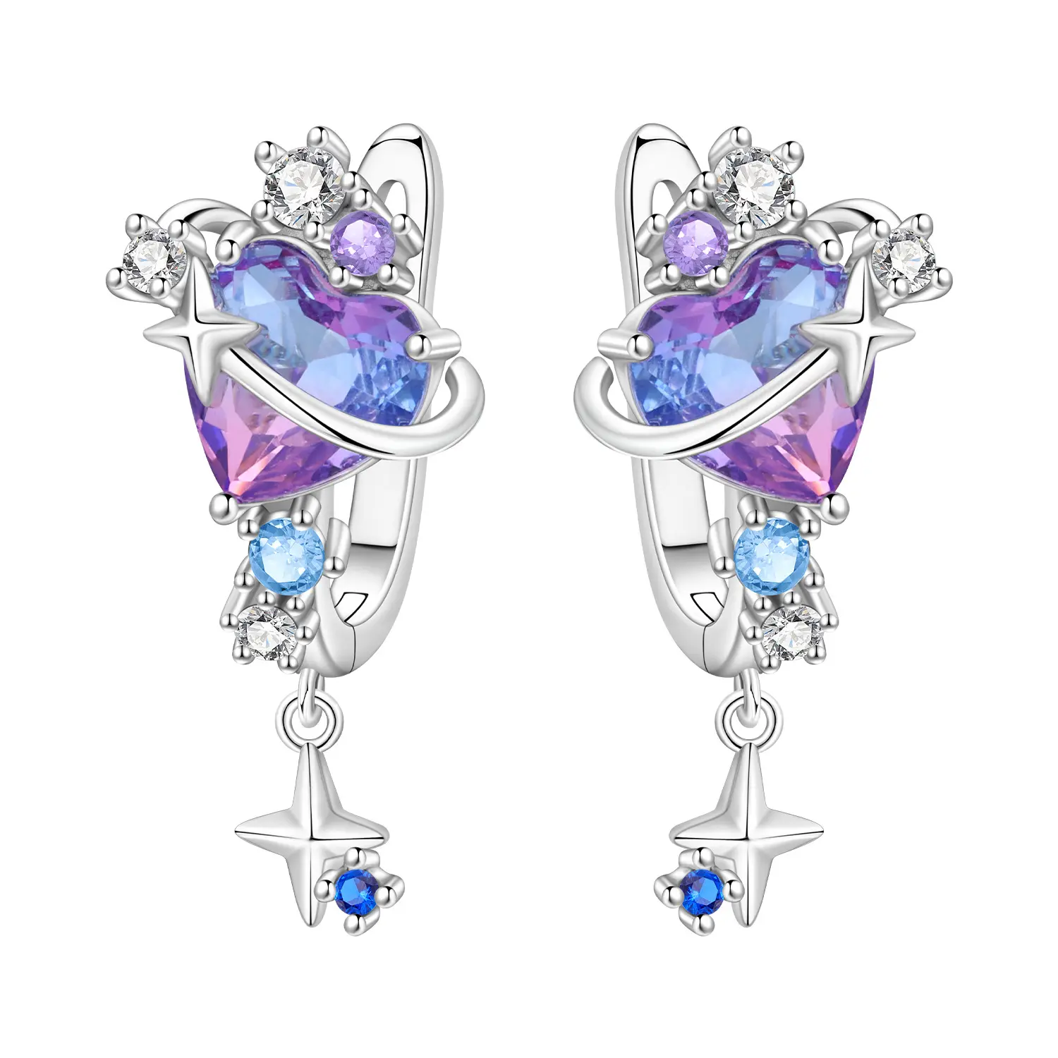 Celestial Heart Drop Earrings for Women, Platinum Tone Planet Heart Earrings with Gradient Purple Blue CZ, Star Charm Dangle Earrings, Sparkling Y2K Fashion Jewelry for Daily Wear and Special Occasions
