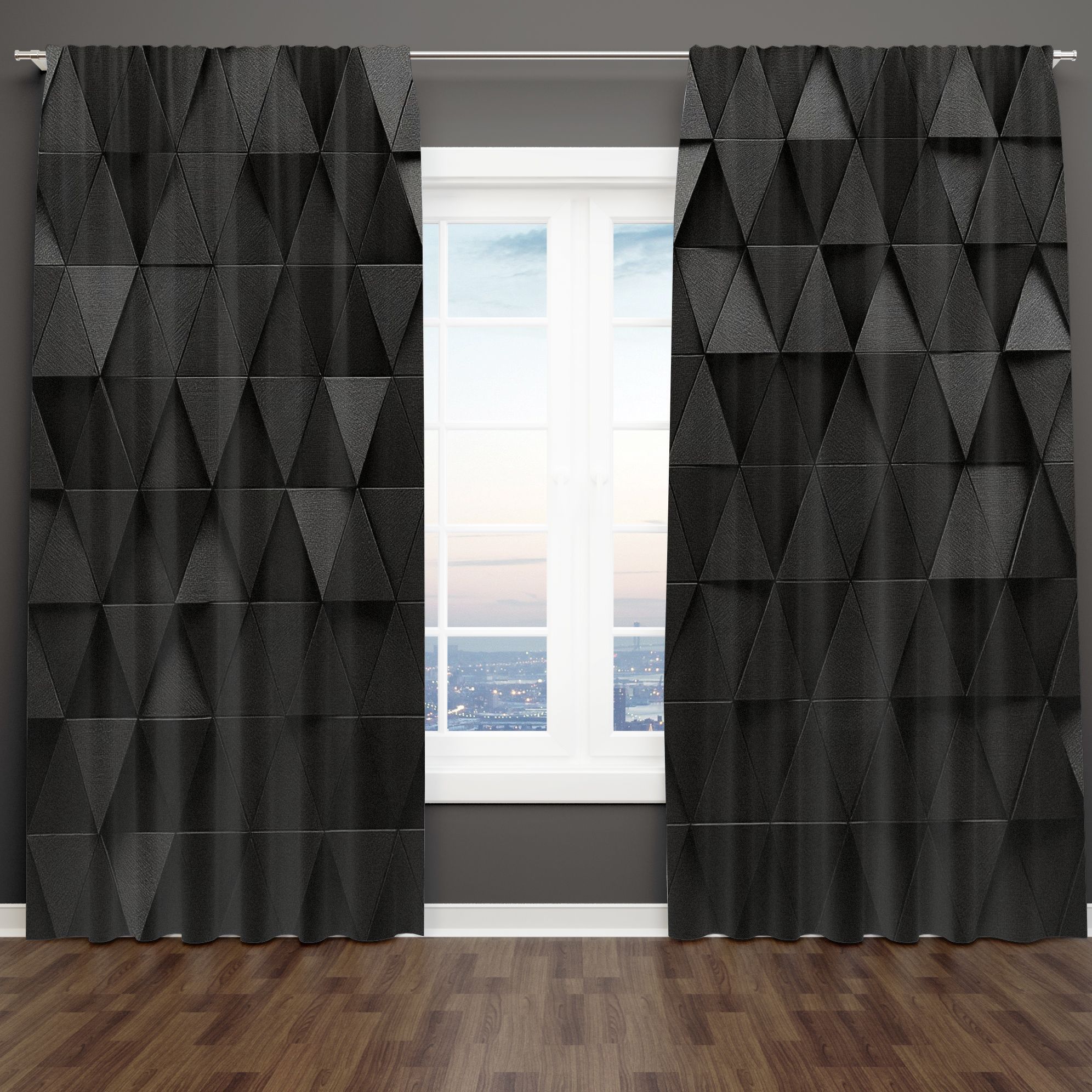 2D Flat  2-Pack Dark Gray Black Triangle Grid 3D Textured Curtains, Modern Abstract Geometric Pattern Light Filtering Blackout Curtains for Living Room Bedroom, Room Decor Curtain, Dimensional Layered Design with Angled Edges