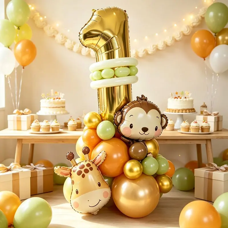 27-Piece Jungle Animal Birthday Balloon Set,Gold-colored number balloons, Giraffe and Monkey Heads, Suitable for a forest-themed birthday party，First Birthday Party Decoration，Wildlife Park Anniversary Event，Baby shower ，Children's Room Decoration