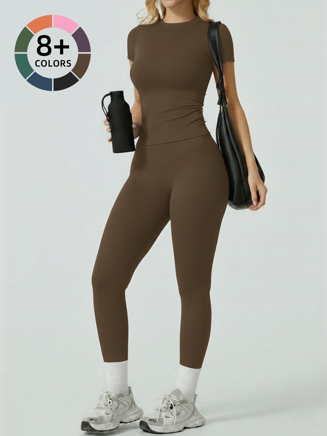 Women's Yoga 2-Piece Set, Breathable Short Sleeve Tee & High Waist Tight-Fit Pants, Sporty Style, All-Season Wear, Yoga Outfit Set, Casual Workout Loungewear