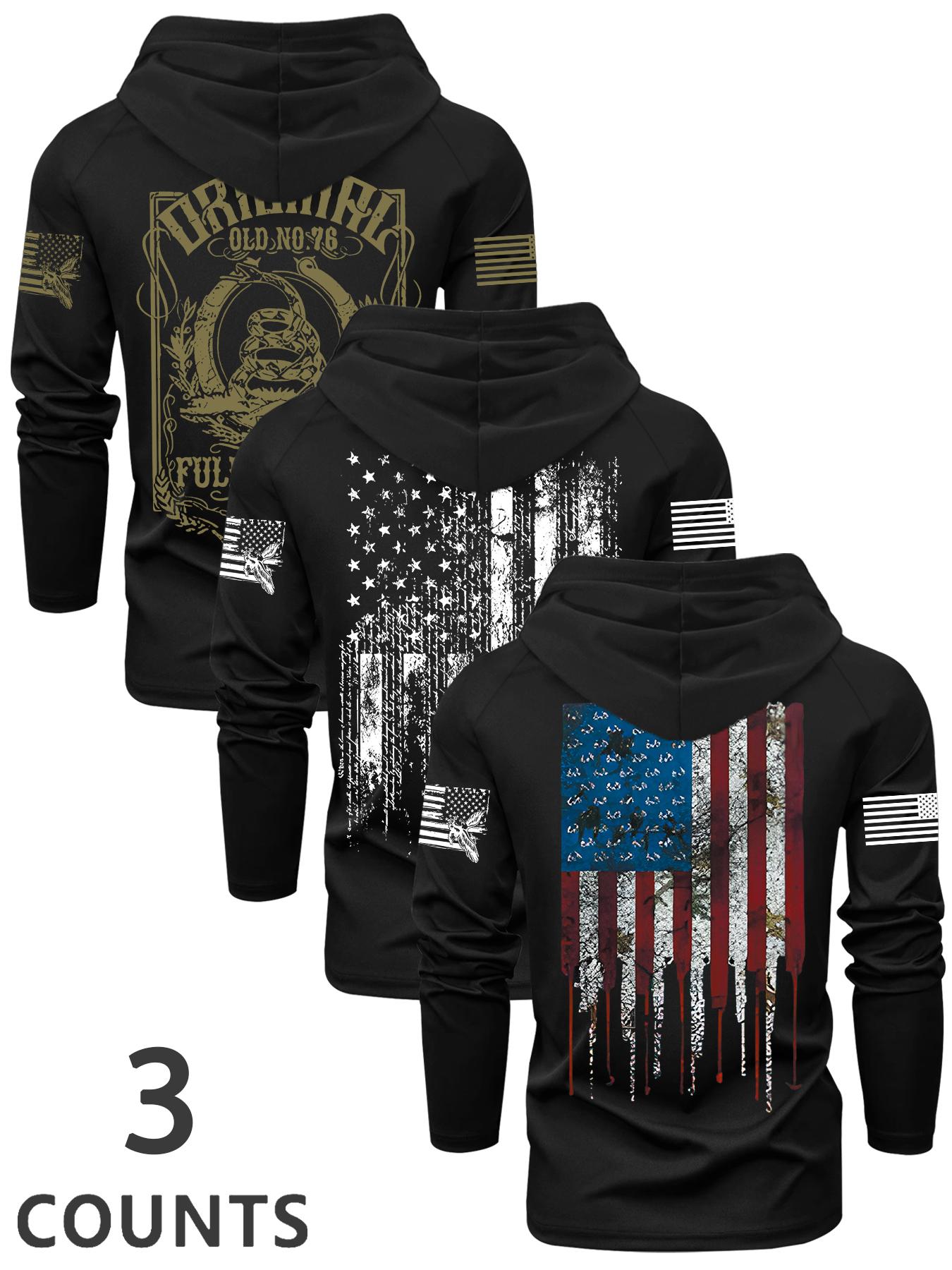 Men's Flag Series Print Hooded Long Sleeve T-Shirt, Fall & Winter Outdoor Casual Fitted Top, 3 Pack Set, Casual Outdoor Pullover, Casual Streetwear Sweatshirt