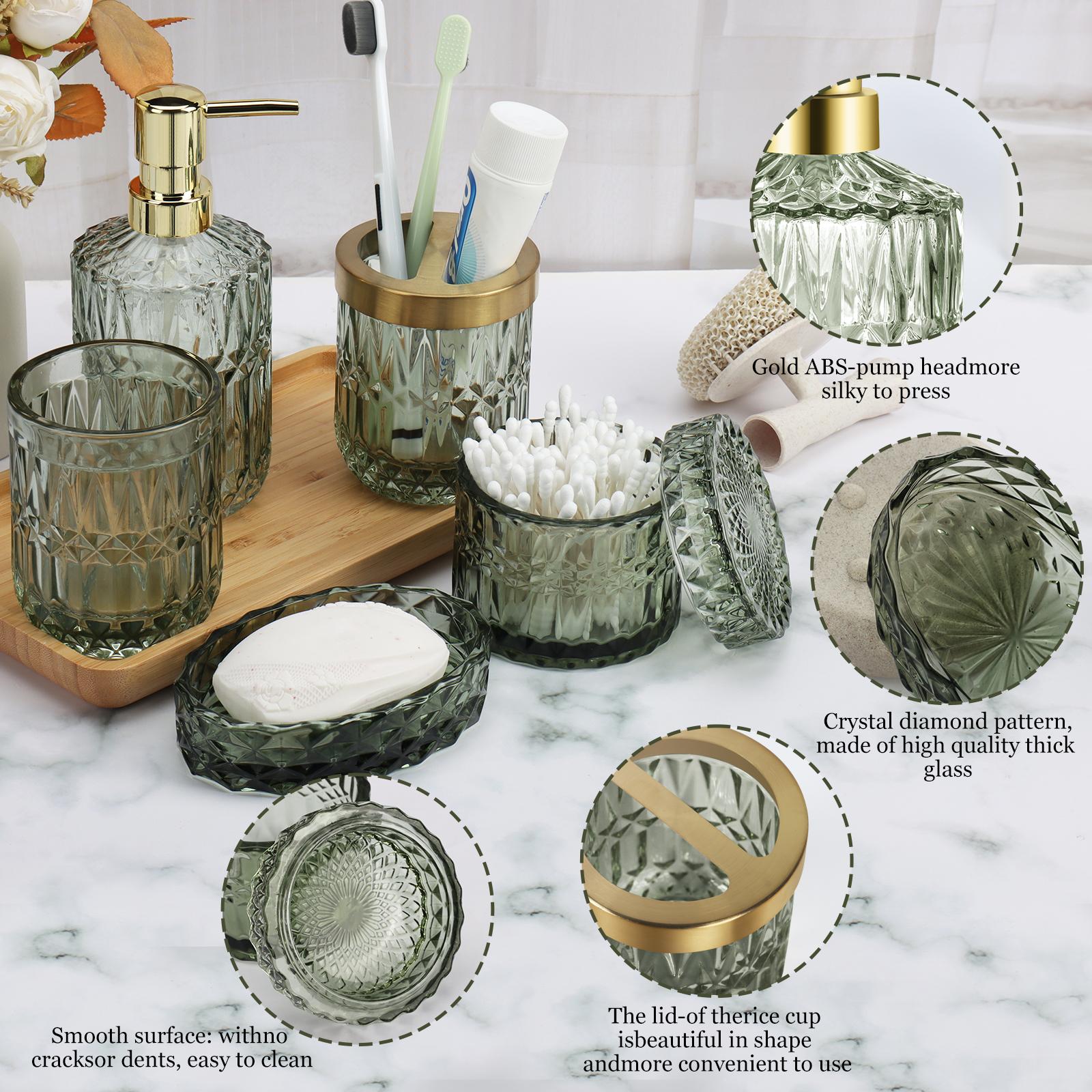 Green Bathroom Accessories Set, 5Pcs Clear Glass Bathroom Accessories, Vanity Bathroom Decor, Hand Soap Dispenser, Soap Dish, Toothbrush Holder Set, Modern Countertop Organizer, Housewarming Gift Set