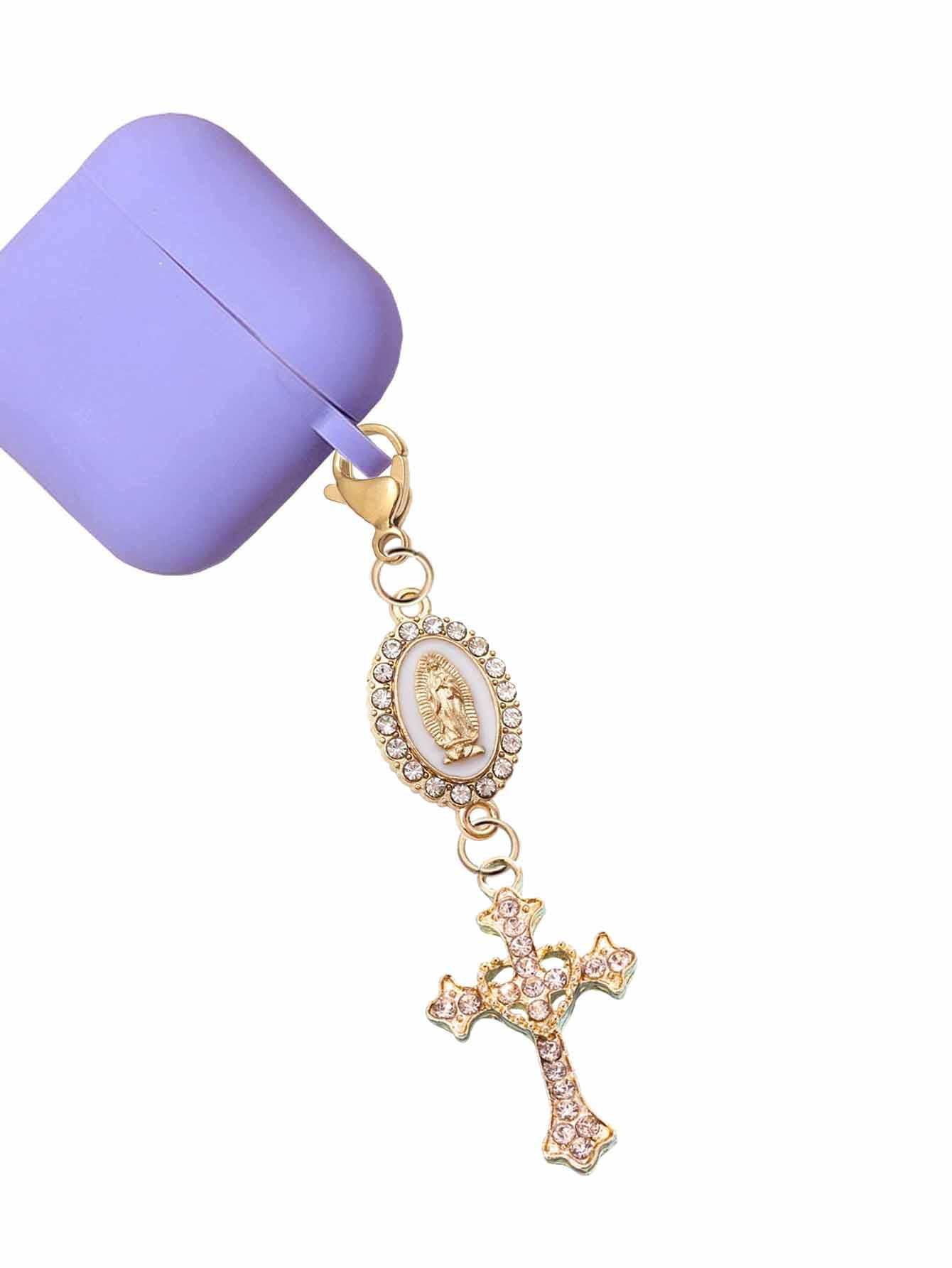 Christian Amulet Keychain With Love And Rhinestone Cross, Pendant Decorated With The Virgin Mary, Pearl And Diamond Amulet - Gothic Cross Keychain, Keychain For Bags, Bag Amulet, Cross Pendant, Decorative Wallet Backpack Accessories