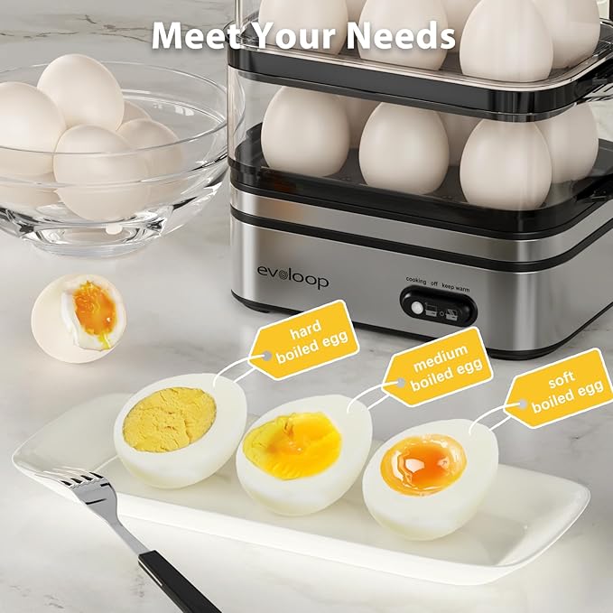 EVOLOOP Rapid Egg Cooker Electric 12 Eggs Capacity, Soft, Medium, Hard Boiled, Poached, Omelet Maker Egg Poacher & Vegetable Steamer, BPA Free Tray EVOLOOP Rapid Egg Cooker Electric 12 Eggs Capacity, Soft, Medium, Hard Boiled, Poached, Omelet Maker Egg Poacher & Vegetable Steamer, BPA Free Tray