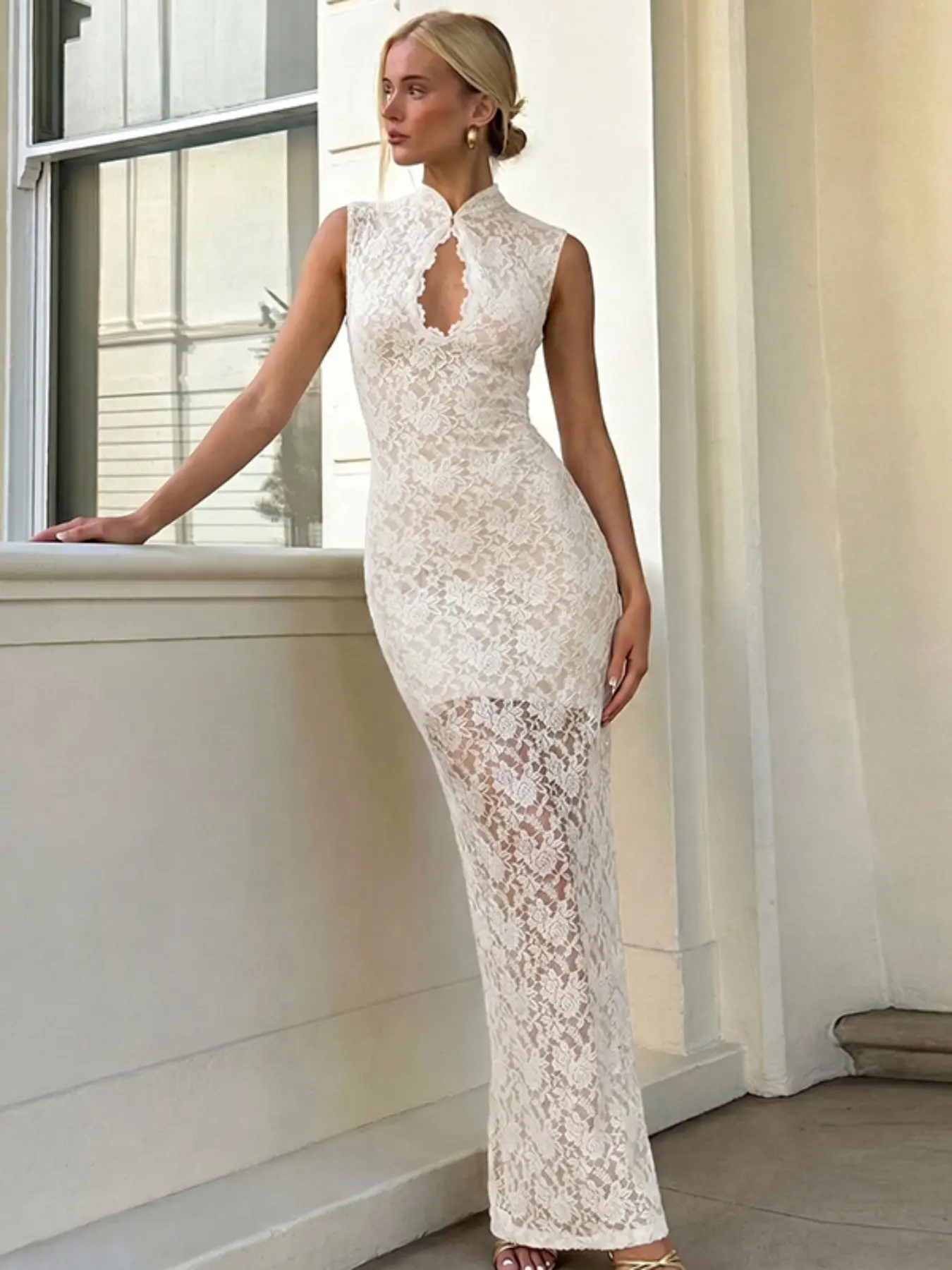 Women's Contrast Lace Bust Cutout Back Split Plain Bodycon Dress, Solid Color Sleeveless Stand Collar Maxi Dress, Elegant Formal Dress, Slim Fit Dress for Formal Party, Evening Club and Holiday, Chic