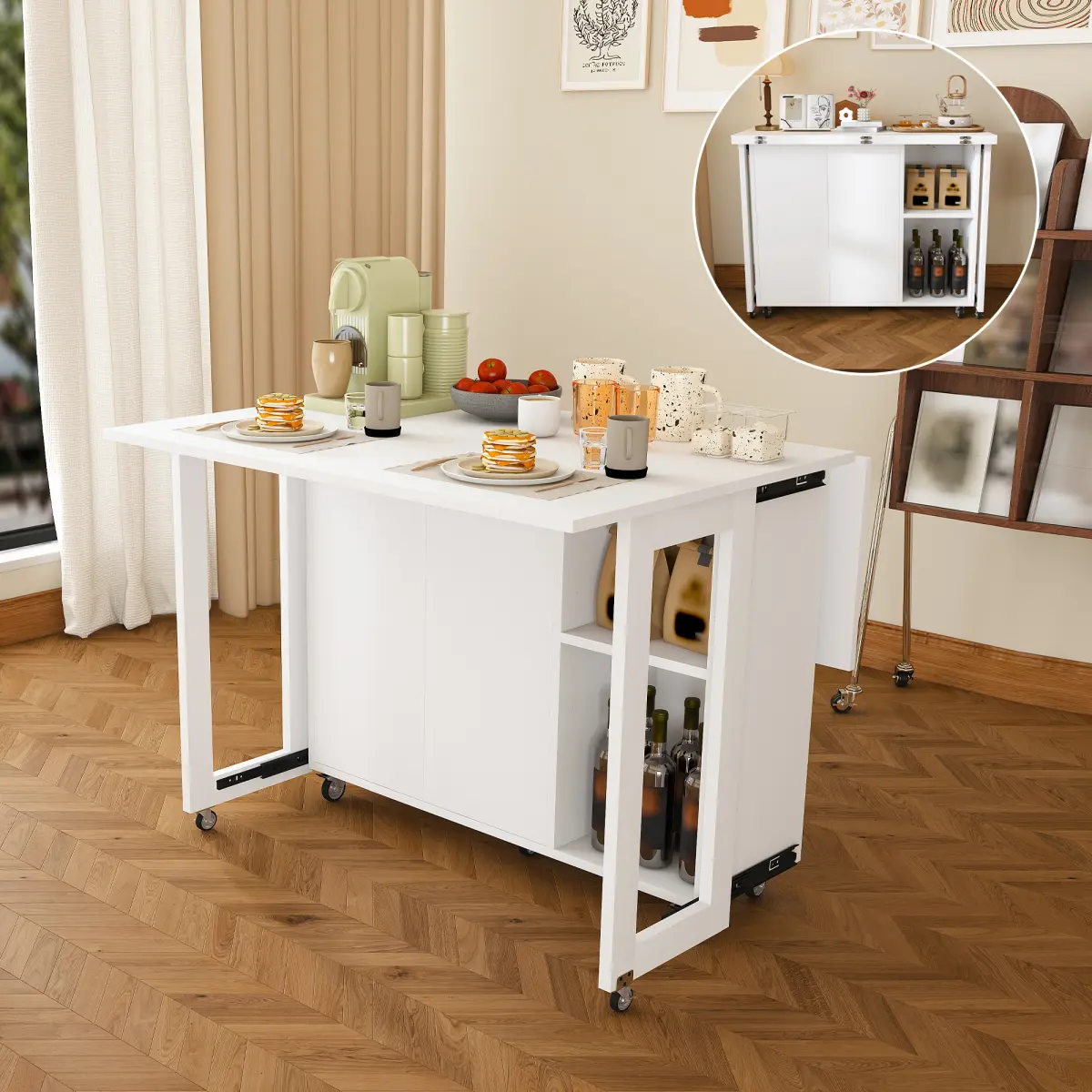 41 In Foldable Multi-Use Eco-Panel Side Table - 4 Large Storage Shelves, Wheels Base, Simple Setup, Suitable for Kitchen, Dormitory (White)