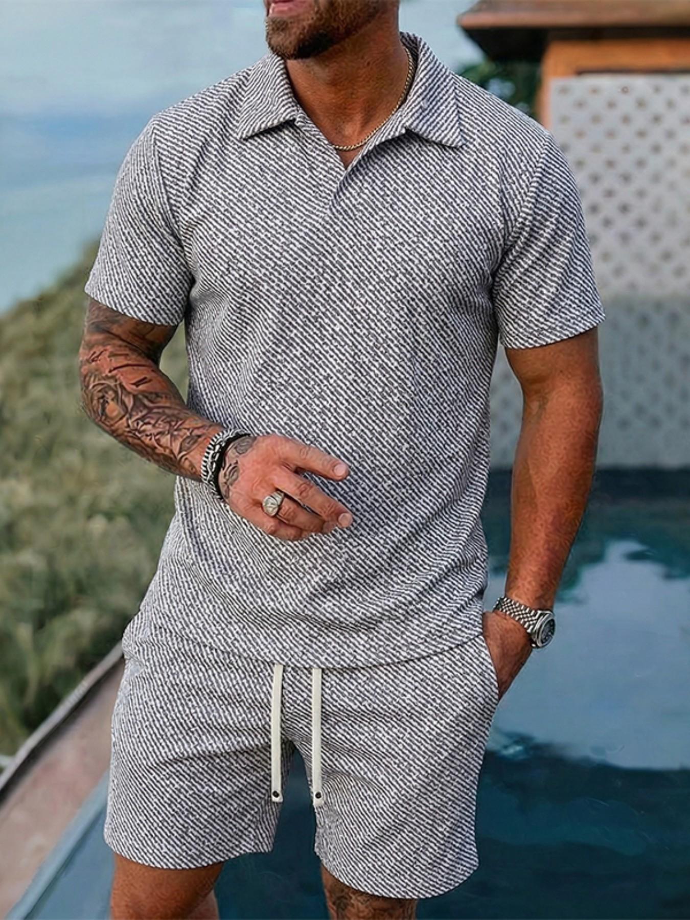 Men's Two-Piece T-Shirt Shorts Set, Collar Design, Embroidered Fashion Summer Wear, Casual Loose-Fitting Clothing