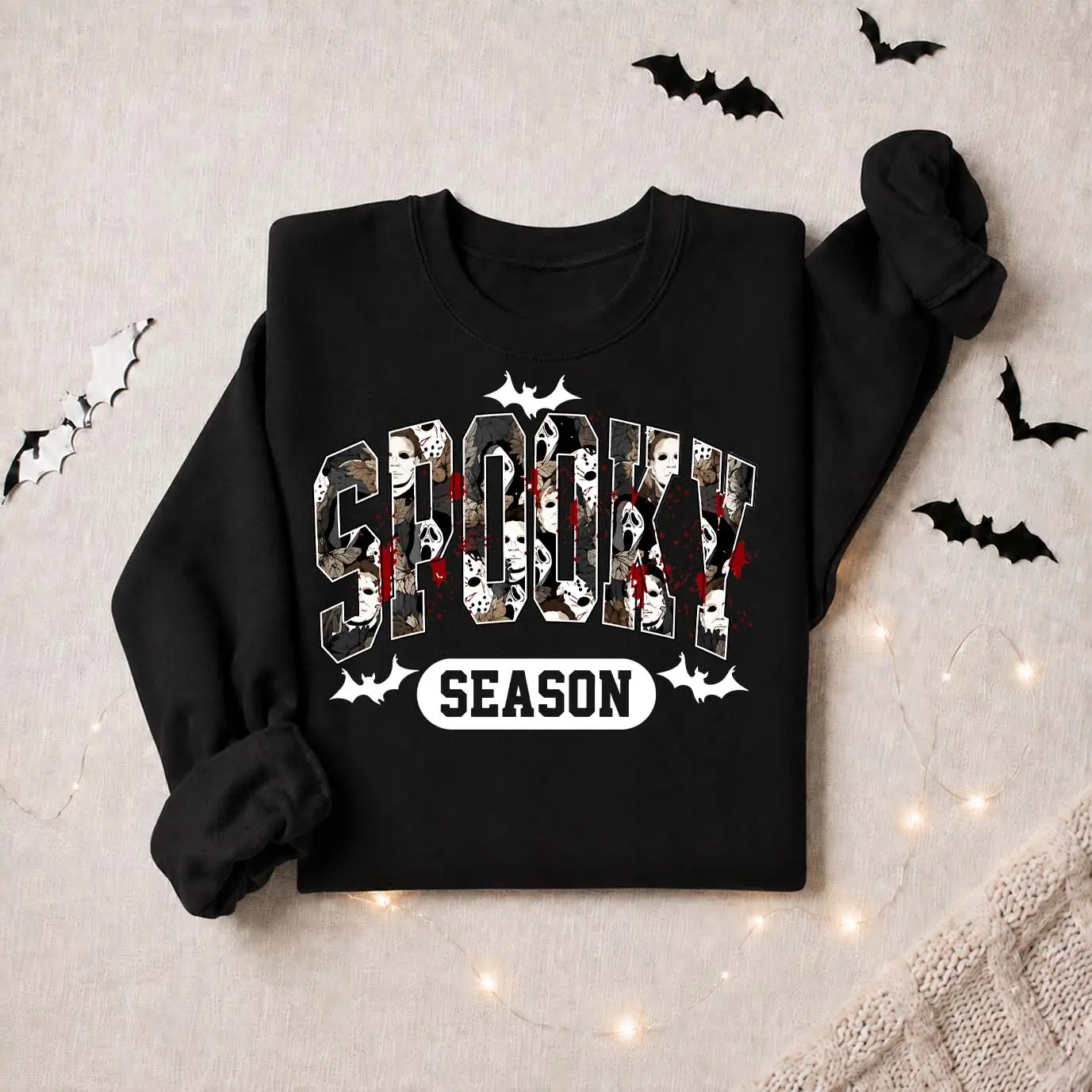 Women’s Spooky Season Graphic Sweatshirt, Horror Mask Collage Crewneck Pullover, Halloween Bat Print Long Sleeve Fall Top, Cozy Casual Autumn Shirt for Haunted House Nights, Halloween Parties, Weekend Wear & Seasonal Outfits