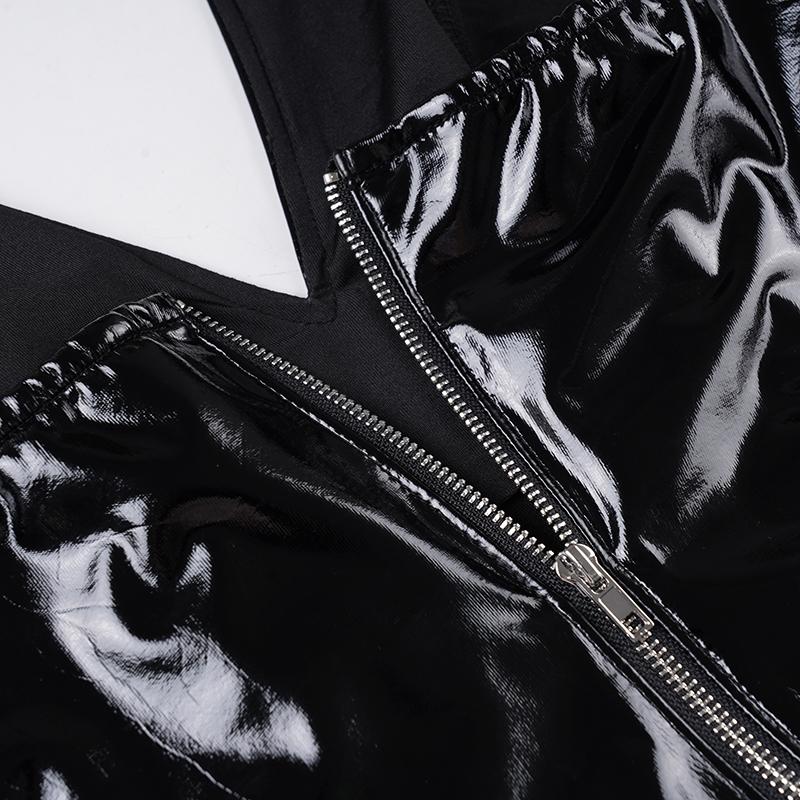 Street Fashion V Neck Fitted PU Leather Backless Top, Casual Sleeveless Cropped, Sexy Halter Short Nightclub Party Style Women's Sleeveless Vest