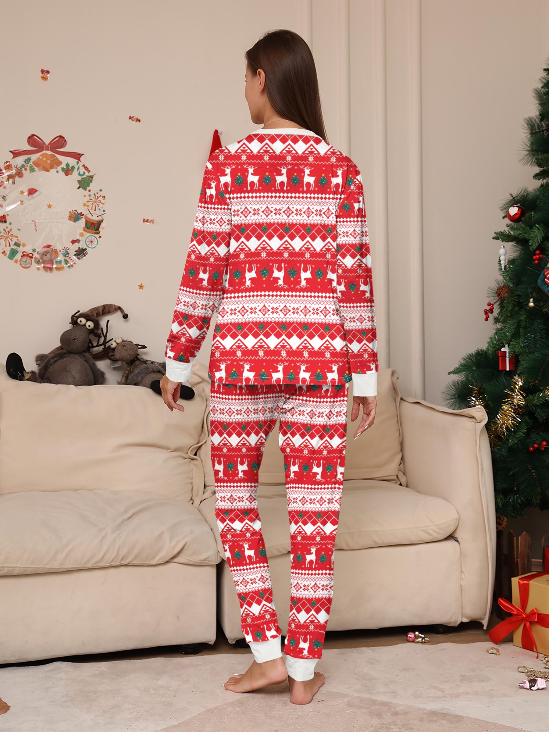 Red White Fair Isle Reindeer Snowflake Matching Family Christmas Pajama Set, All Over Print Crew Neck Long Sleeve Sleepwear with Cream Cuffs, Soft Cuffed Loungewear for Adults Kids Couple, Xmas Family Matching Outfits for Family of 3 & 4