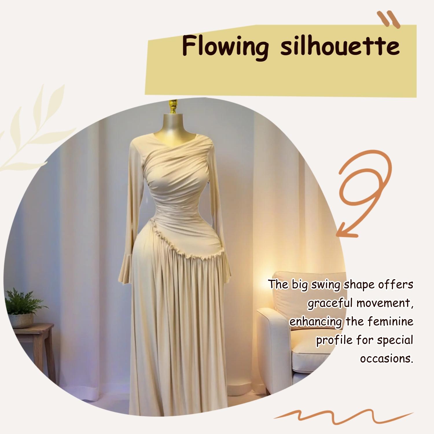 PULKRITU Elegant Chic Feminine Women's Long Sleeve O-Neck Big Swing Maxi Dress Woven, Dress Up Gown, Fall & Winter Wear, Sweet Holiday Birthday Party Evening Formal Sexy Dress, Casual Style, Elegance