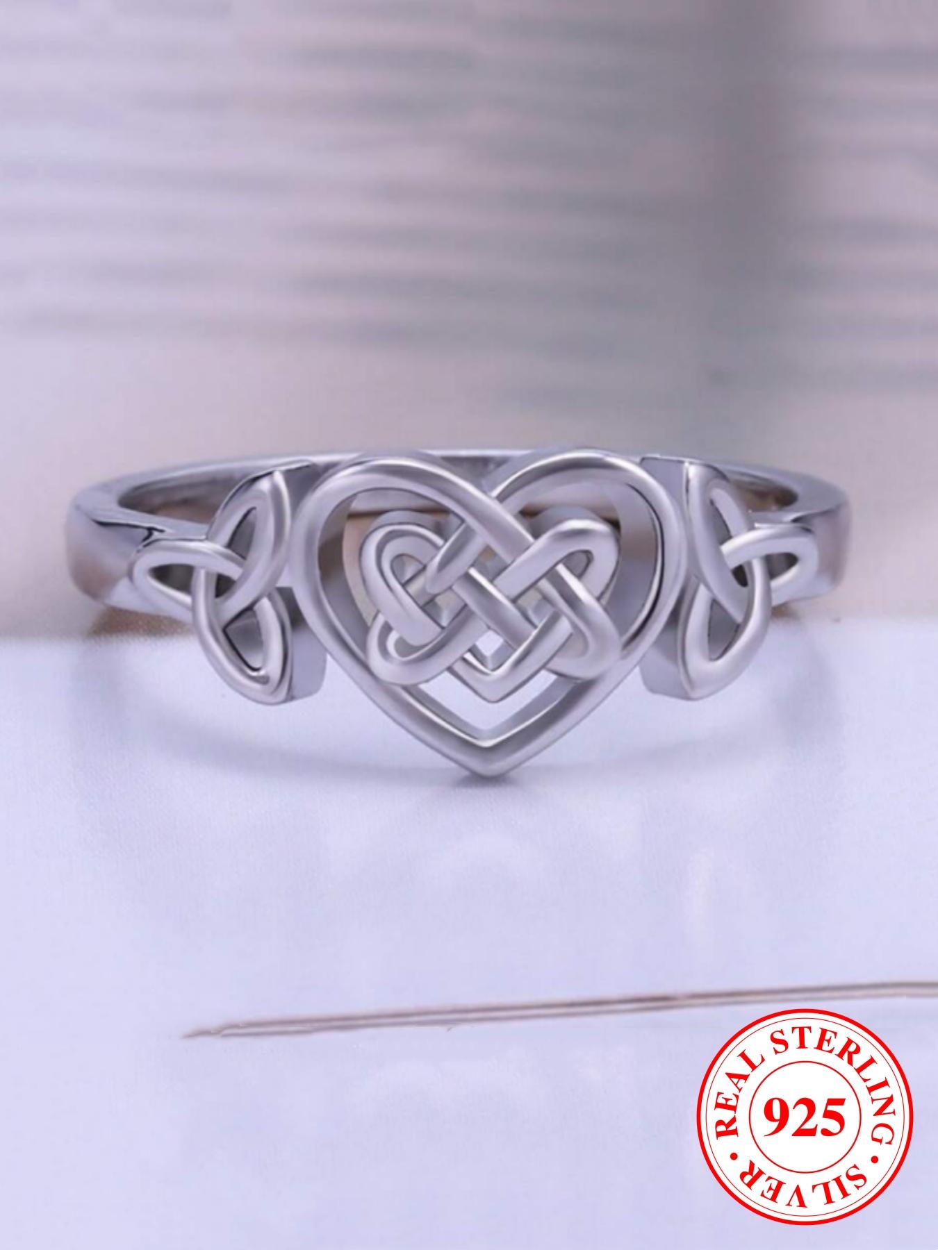 S925 Sterling Silver Hollow Out Celtic Knot Design Cuff Ring, Heart Signet Ring, Statement Ring, Unique Rings, Beautiful Rings, Fashion Creative Jewelry for Women & Men, Trendy Exquisite Jewelry As Gift, with Box