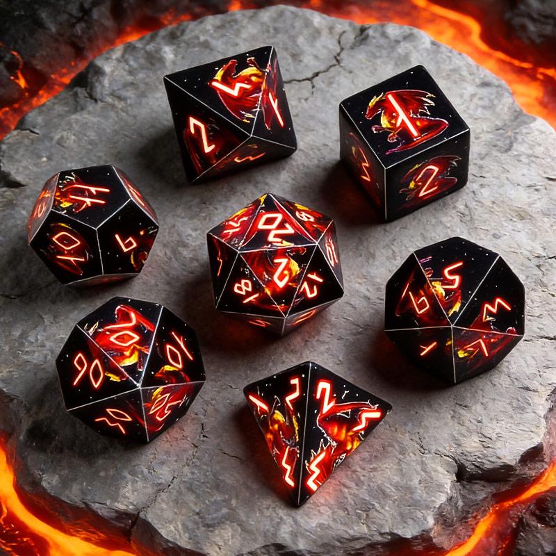 7-Piece Flame Dragon D&d Dice Set, Polyhedral D4 D6 D8 D10 D12 D20 Dice with Velvet Bag, Ideal for Rpgs, Perfect Gift for Birthdays and Holidays