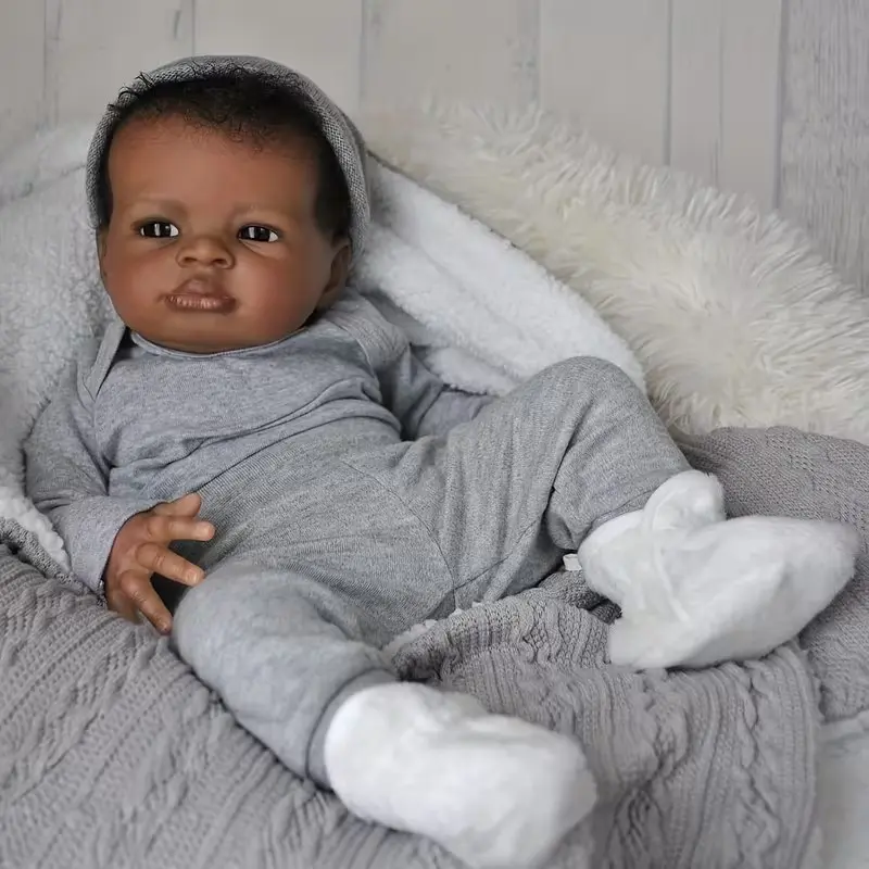 Realistic reborn baby doll – skin tone boy, 19-inch African American newborn male doll, Christmas gift for kids aged 3+