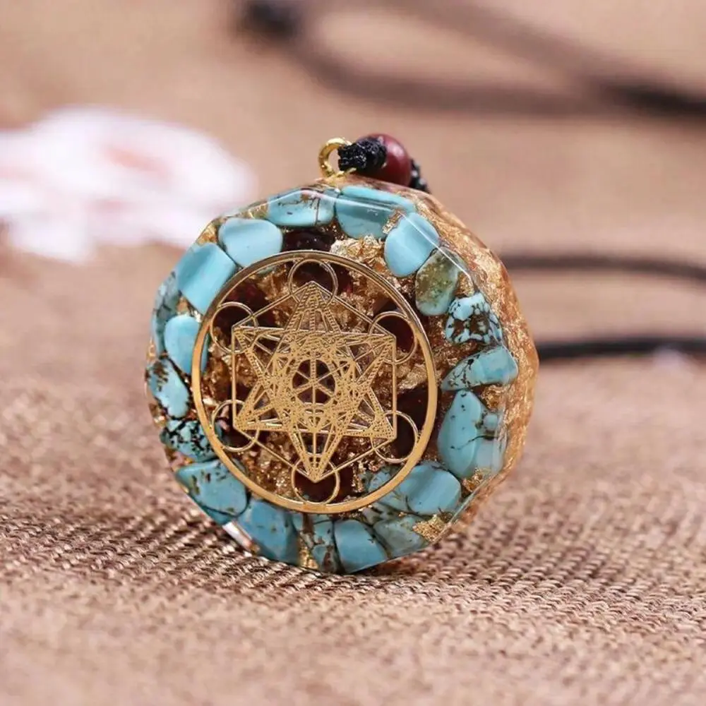 Unisex Natural Blue Turquoise Orgonite Chakra Circle Necklace - 18in Adjustable Healing Crystal Pendant, Protection Amulet, Sports & Outdoor Bag Charm, Energy Meditation Accessory (1x), Protects From Negativity, 18 In, Balances Energy Of Chakras