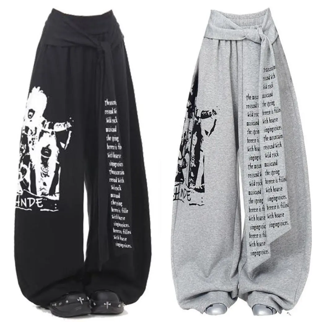 Vintage Unisex Wide Leg Sweatpants, Retro American Letter Graphic Joggers, Soft Premium Fabric Lace-Up Layered Straight Loose Pants, Streetwear Matching Hoodie Bottoms for Street Dance Party Summer Vibe Sports Outfits | sweatpants | widelegpants