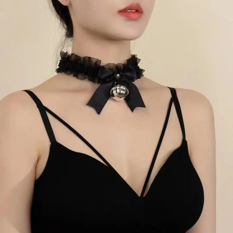 Black Lace Bowknot Chokers Necklaces for Women Girls Kawaii Cosplay Bell Collar Clavicle Necklaces Wedding Party Fashion Jewelry