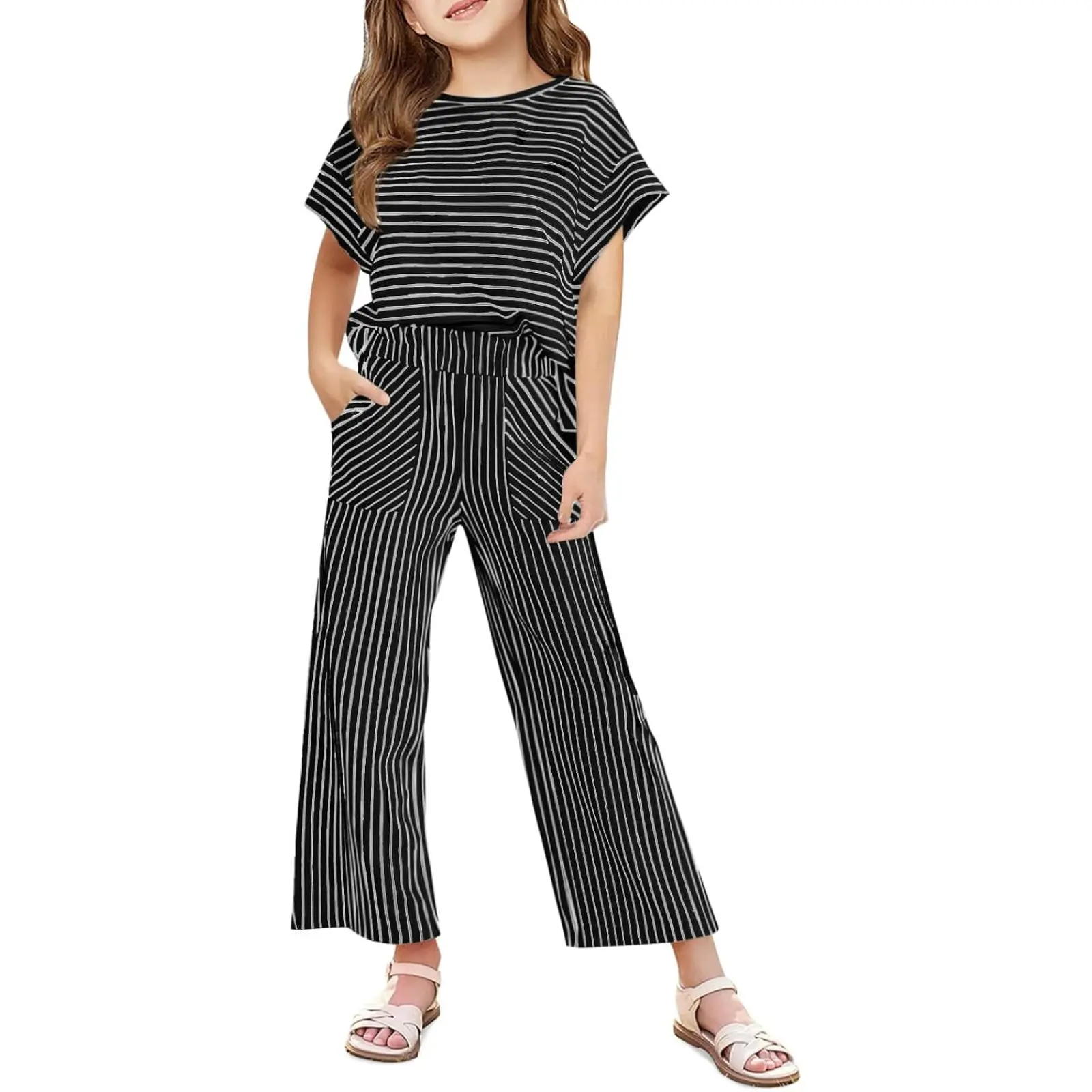 Haloumoning Girls' 2-Piece Striped Matching Set, Short-Sleeve Cotton T-Shirt & Wide-Leg Pants Casual Wear Clothes with Pockets