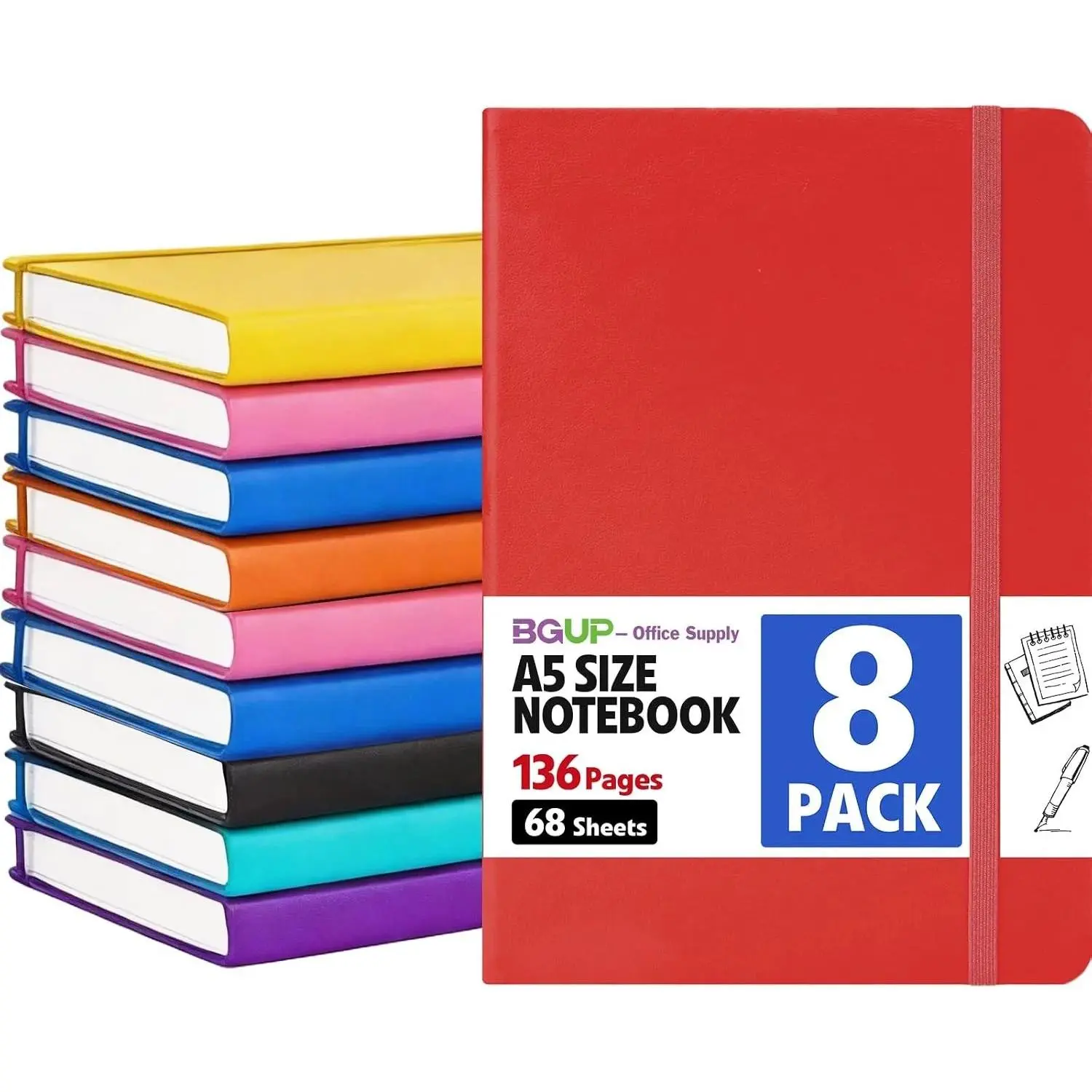 Bulk Pack 8 A5 Hardcover Lined Pages Notebooks (5.5" x 8.3"), 8 Multiple Colors, 136 Medium College Ruled Pages, for Work/School Writing & Note Taking