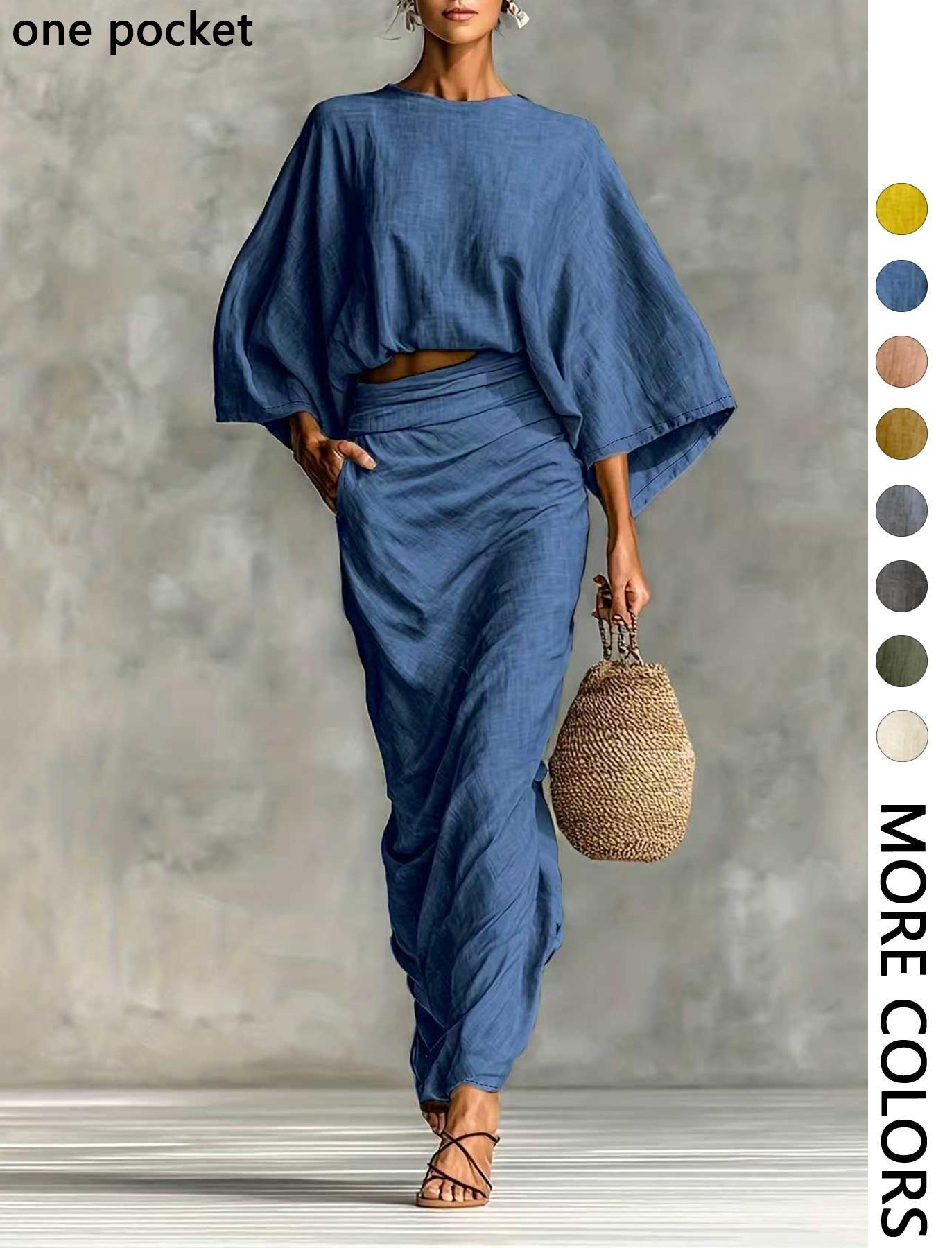 Women's Stylish Loose-Fitting Casual Two-Piece Set, Spring & Fall Comfortable Long Skirt with Waist Definition and Pocket one pocket..