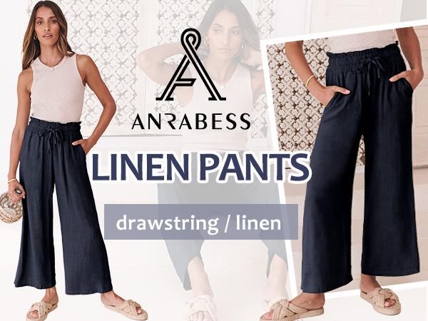 ANRABESS Women's Linen Pants Casual Loose High Waist Drawstring Wide Leg Capri Palazzo Pants Trousers with Pockets