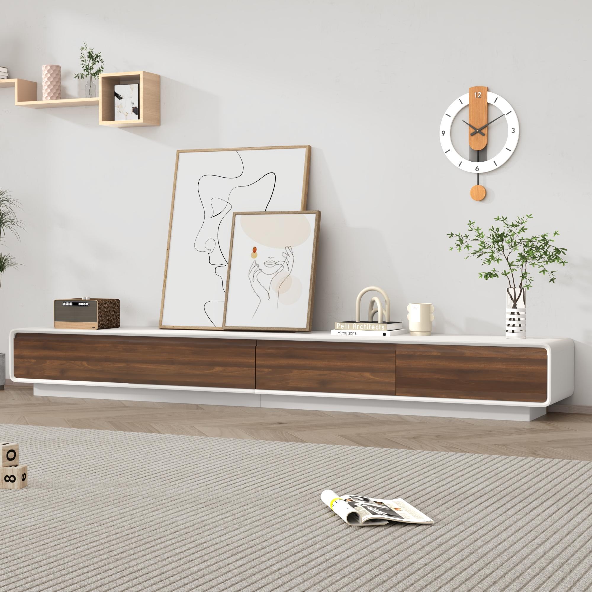 94.5" Minimalist Floating TV Stand for TVs up to 100 Inches, Modern Wall Mounted Media Console with 2 Drawers, Entertainment Center for Living Room, Black & Walnut/White & Walnut 94.5" Minimalist Floating TV Stand for TVs up to 100 Inches, Modern Wall Mounted Media Console with 2 Drawers, Entertainment Center for Living Room, Black & Walnut/White & Walnut