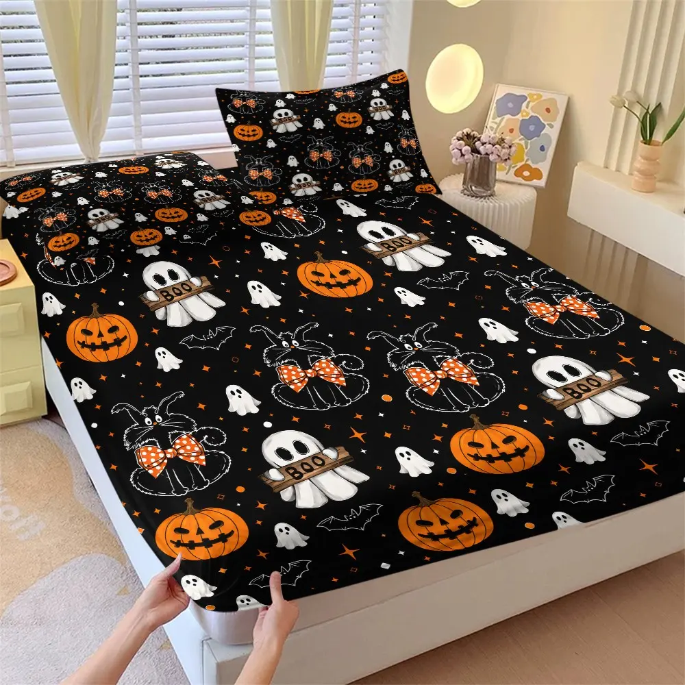Halloween Bed Sheet Set, Pumpkin Ghost Bow Cat Bat Full Mattress Cover, Festive Atmosphere Bedding, Twin Pillowcase