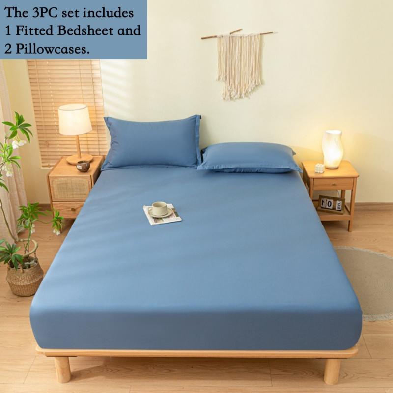 3pcs Solid Elastic Fitted Sheet Set, Full Coverage Non-Slip Mattress Protector, Deep Pocket Fits 5-30cm Mattress, Soft Breathable Durable Bedding, Wrinkle-Free and Fade-Resistant