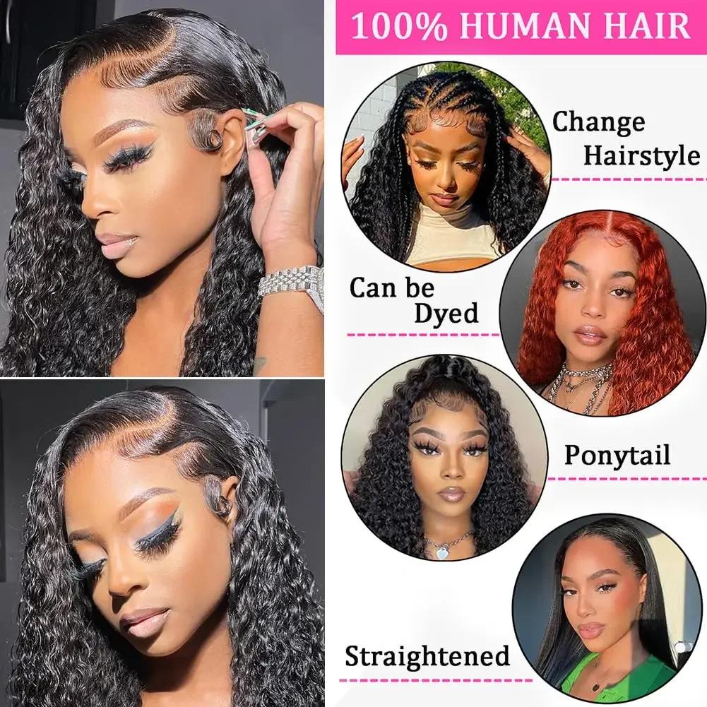 Deep Wave 13x6 Lace Front Wigs Human Hair 180% Density 10A Grade Pre Plucked Glueless Natural Black 13x4 Lace Frontal Deep Curly Human Hair Wig For Women