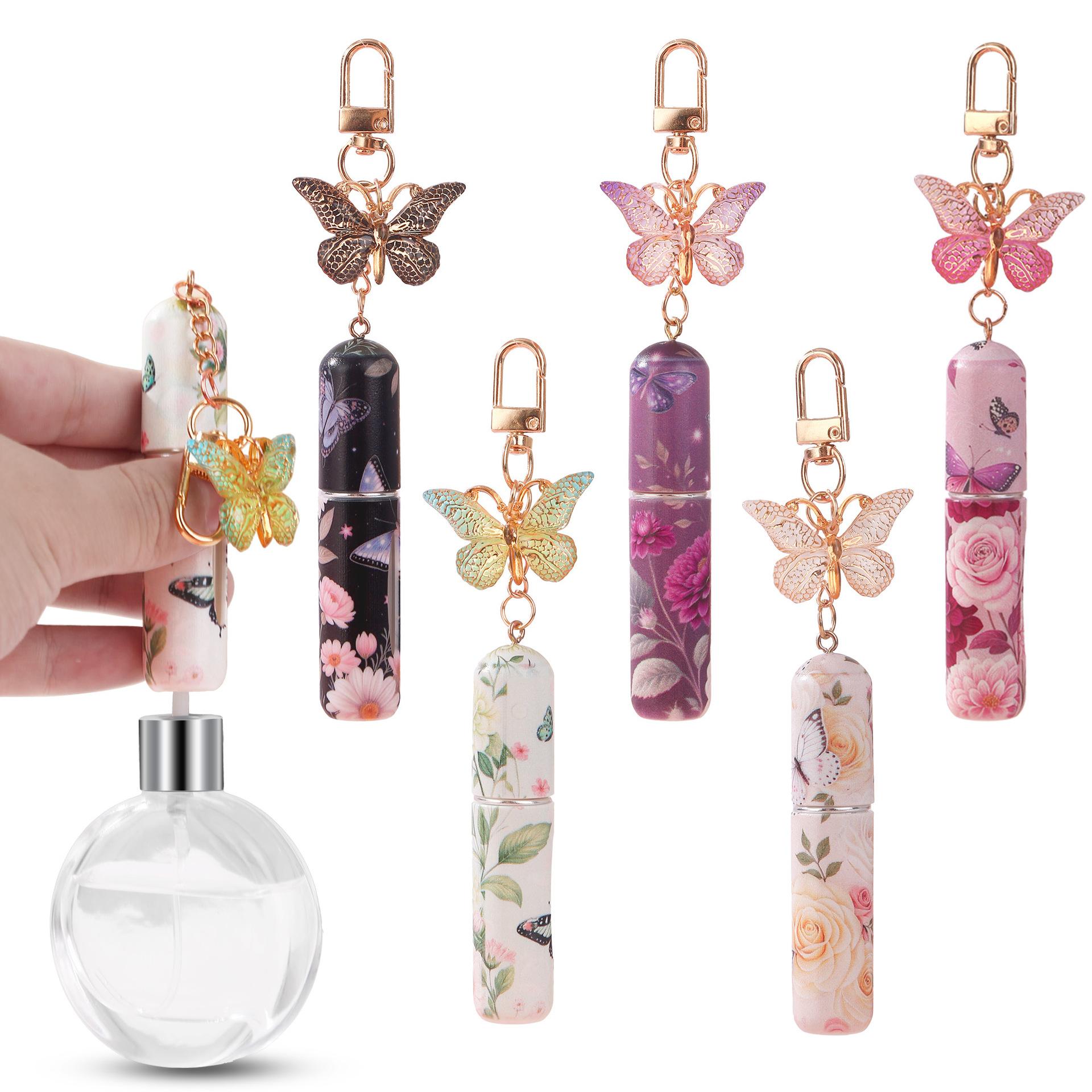 5Pcs butterfly perfume refillable bottles with girly style. 5ML bottom filling design, can be used as keychain and bag charm. Portable travel size for easy fragrance refill, delicate and stylish for daily use.