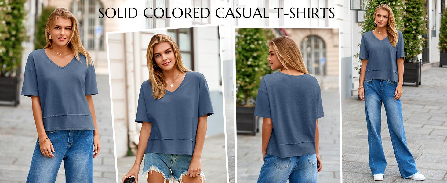Cicy Bell Women's Summer V Neck T Shirts Casual Short Sleeve Flowy Tops Cute Loose Fit Basic Tees Premium Blend Fabric Flattering V Neckline