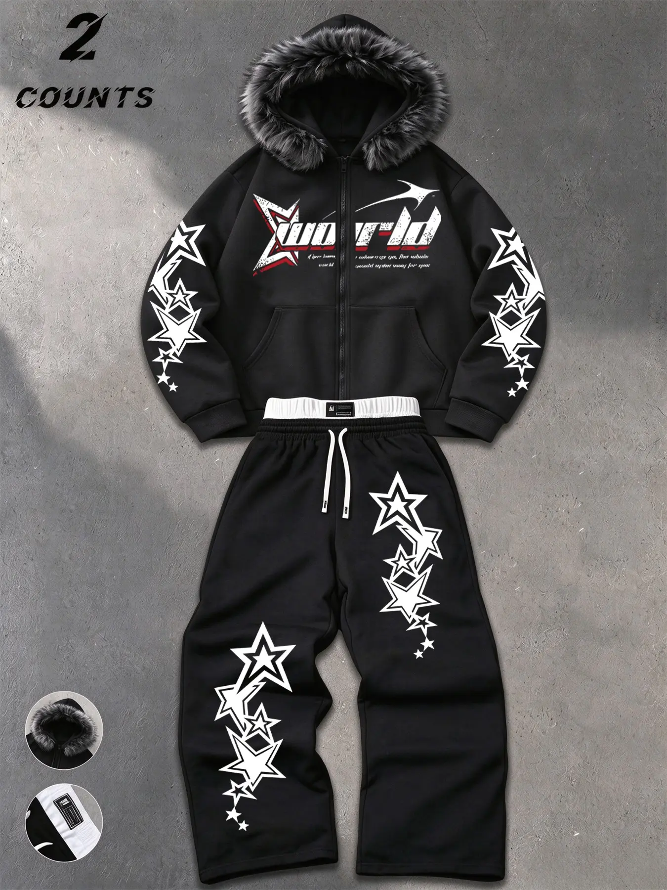 Men's Two-Piece Set Hoodie and Pants, American Street Style Star Graffiti Print, F Fitted Sporty Trousers, All Seasons