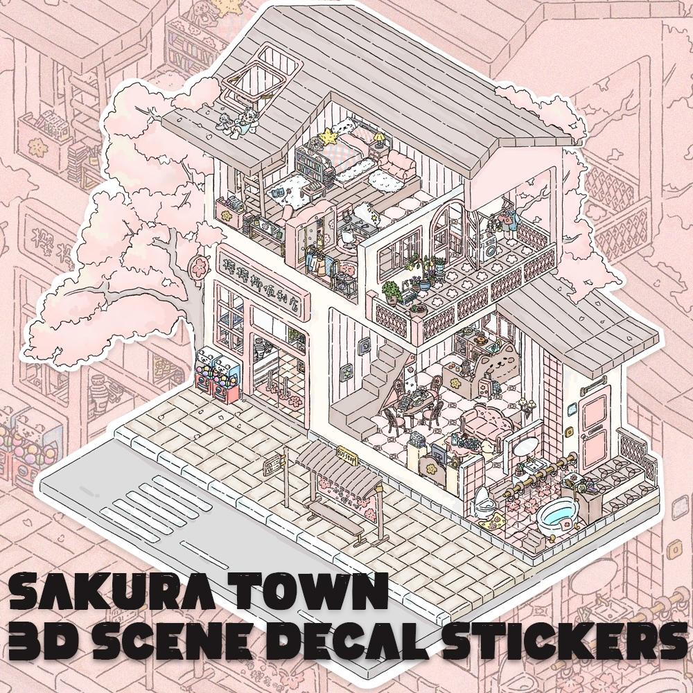 Spring Sakura Flowers Stickers, Floral House Miniature Landscape, Fantasy & Nature, DIY Kawaii Cherry Blossom Sticker Sheet