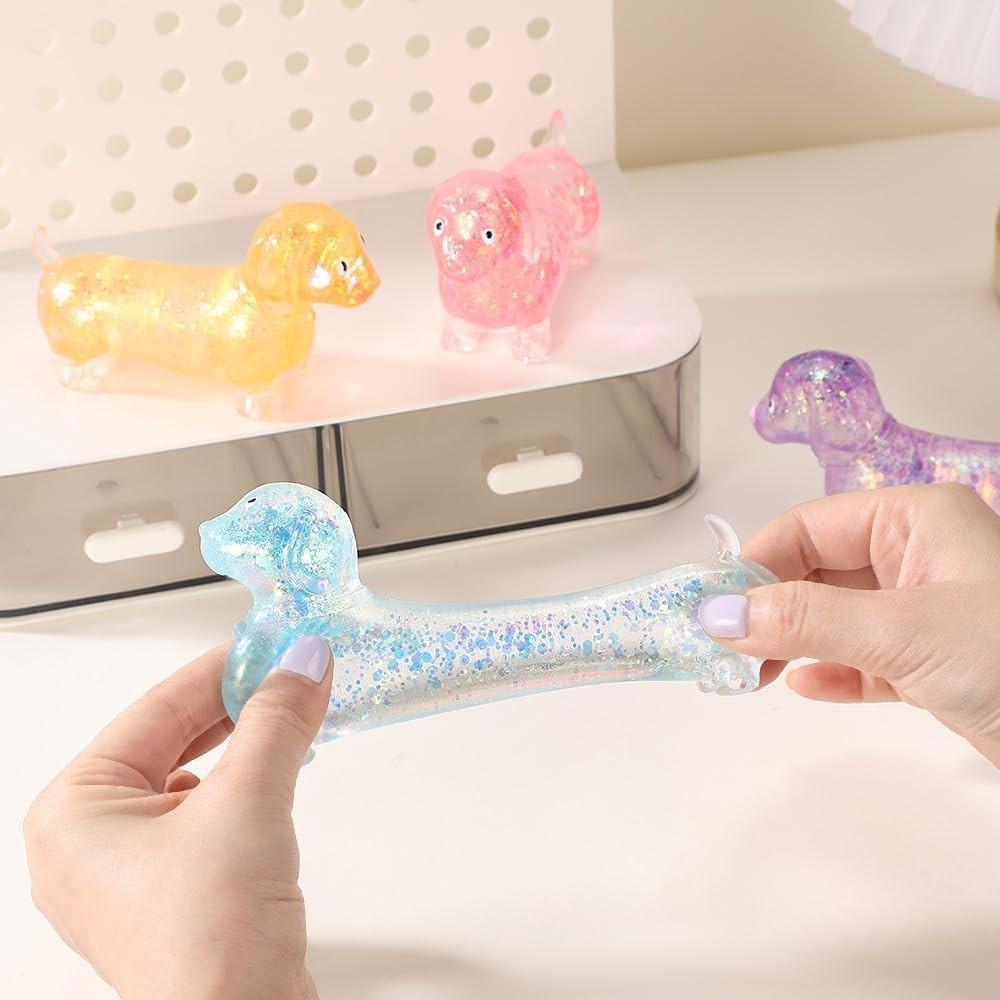 Anxiety Squishies, Fidget Cube Stress Relief, Dachshund Squishy Stress Toy,  Upgraded Sparkly Sausage Dog Gel Stretch Ball, Cute Mini Dogs with Face for kids Adults
