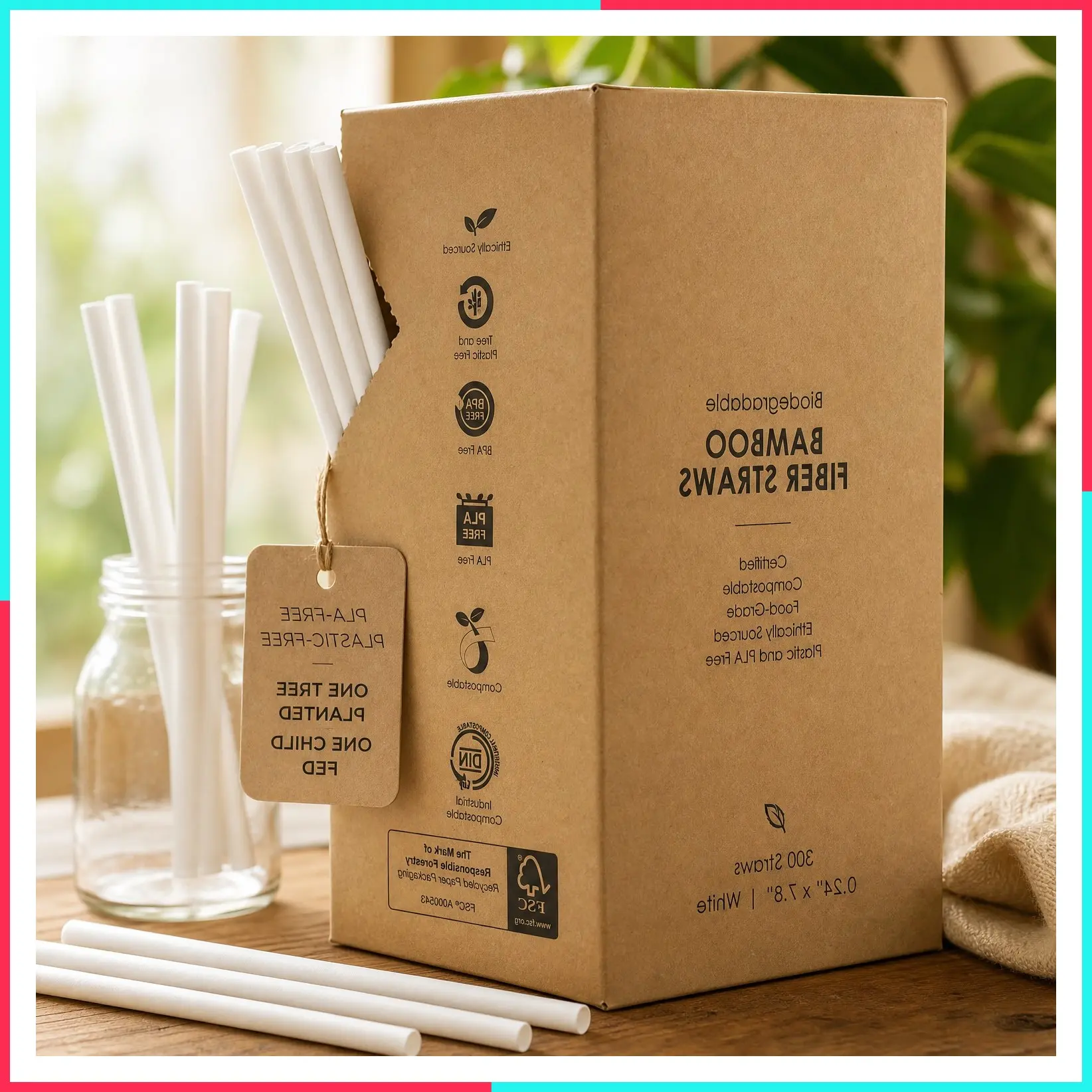 Biodegradable Bamboo Fiber Disposable Straws, 300 Count, 7.8 Inch | 100% Compostable, Eco-Friendly, Plastic-Free Plant Fiber Straws, White | Durable for Warm & Cold Drinks