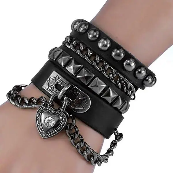 2Pcs Punk Layered Spike Rivet PU Leather Bangle Bracelet Set, Gothic Adjustable Heart-shaped Studded Wristband Chain Cuff for Men Women Handmade Halloween Cosplay Accessories Cuff Bangle Jewelry
