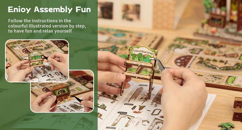 CUTEBEE DIY Book Nook Kit Green Life Bookshop – Wooden Miniature Bookstore Scene with LED Light | Handmade 3D Dollhouse Decor, Holiday and Christmas Gift for Adults