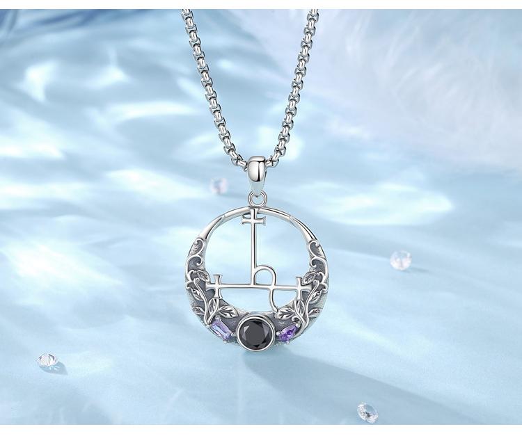 Goddess Lilith Amulet Necklace, S925 Sterling Silver Lilith Sigil Pendant with Black and Purple CZ, Wiccan Handmade Jewelry for Pagan