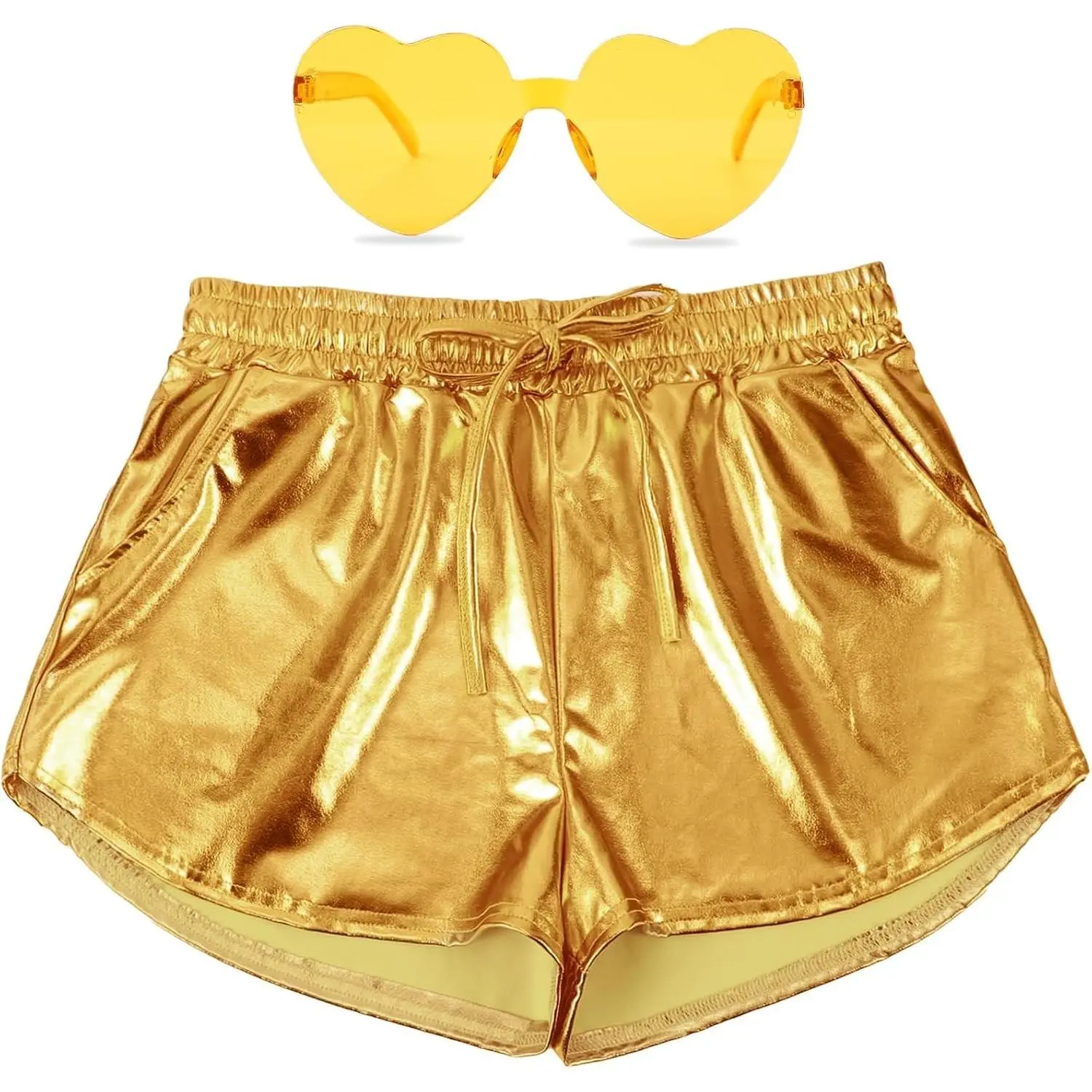 Metallic Shorts for Women Drawstring Shiny Hot Short Sparkly Rave Party Pants with Holographic Fanny Pack Sunglasses