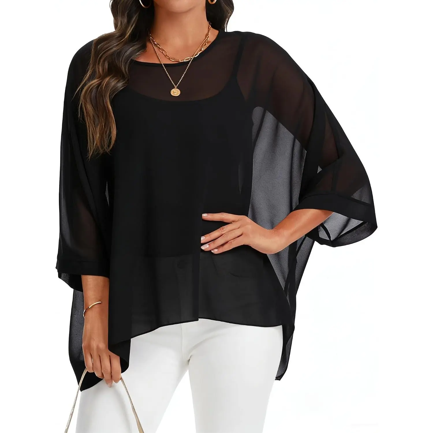 Women's Sheer Chiffon Poncho Top Batwing Sleeve Beach Cover Up Summer Blouse Plus Size Resort Wear Casual Loose Fit 2026Gift