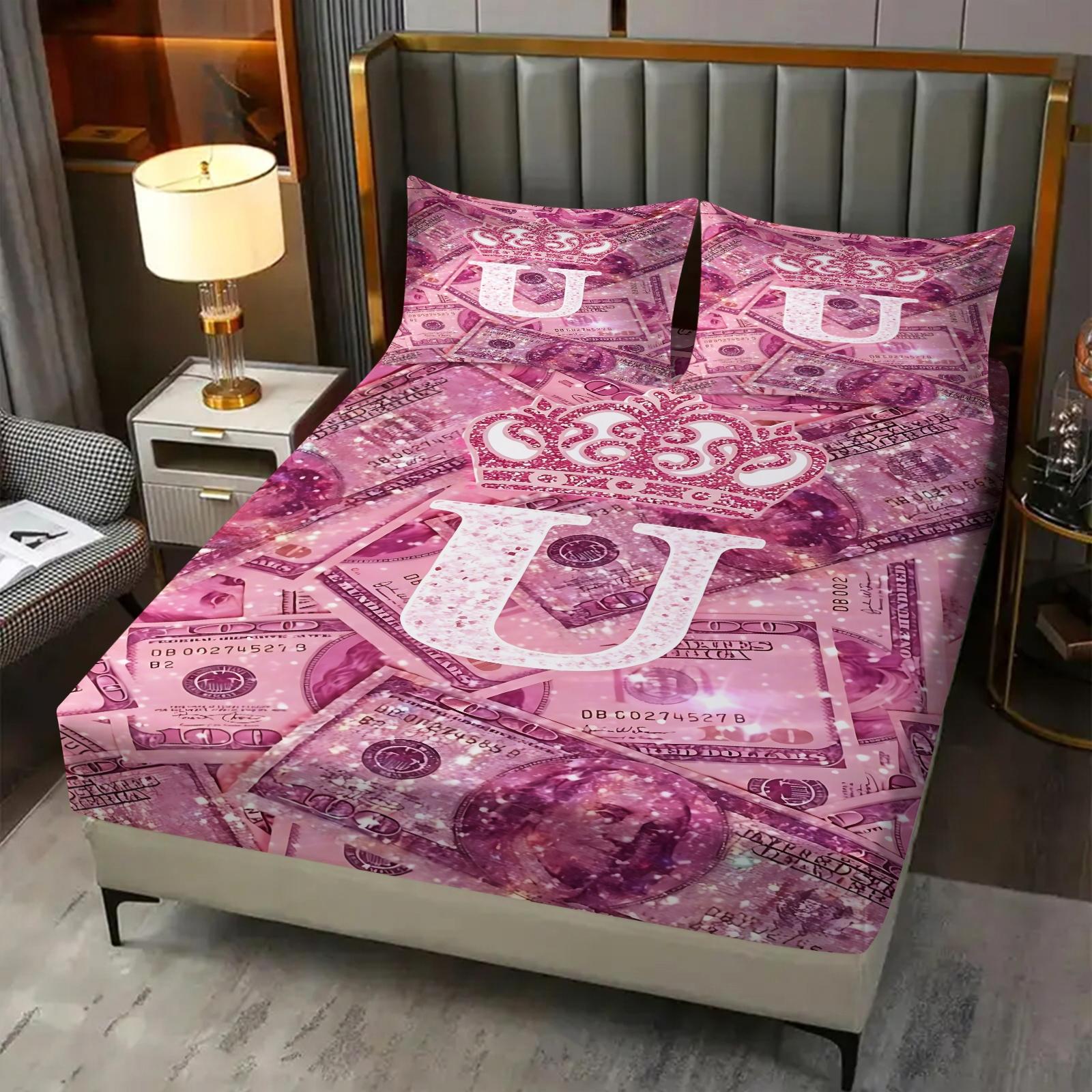3pcs 100% Polyester / Luxury Aesthetic Pink Dollar Print Fitted Sheet Set / Glamorous Crown and 26 Letter Pattern / Soft Breathable Bedding / Easy Care Machine Washable Bed Sheet Set / One Bed Sheet + Two Pillowcases [Do Not Contain Fillings]