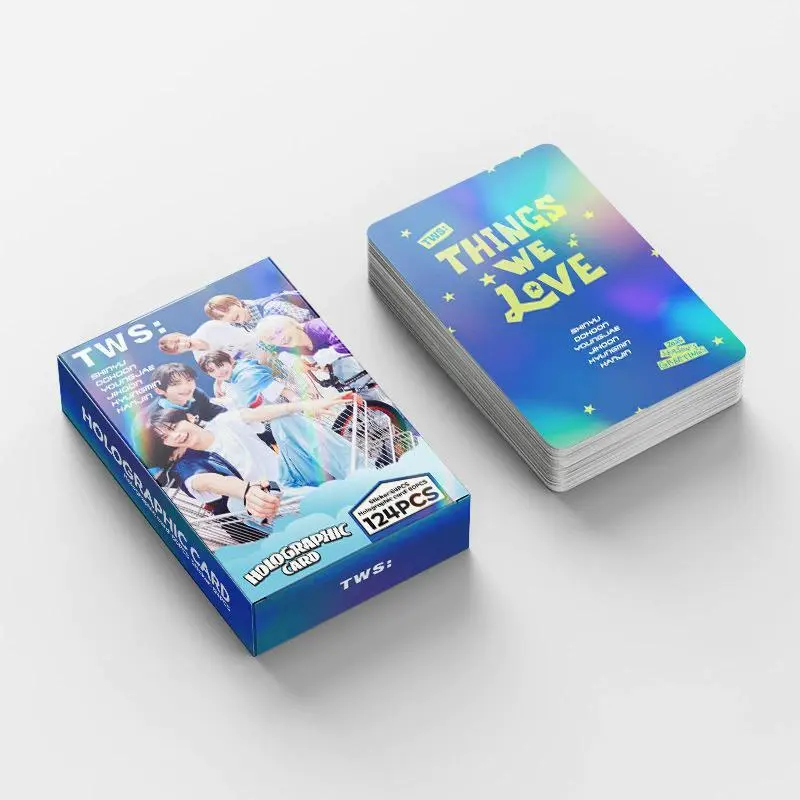 124PCS Kpop Boy Group TWS Laser Flash Cards Set Korean Star Double-Sided LOMO Photo Cards Collection with Stickers