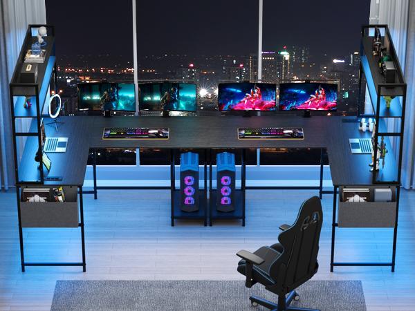 L Shaped Gaming Desk with LED Lights & Power Outlets Computer Desk with Hutch Office Desk with Storage Shelf, Headphone Hook,Cup Holder twoperson desk