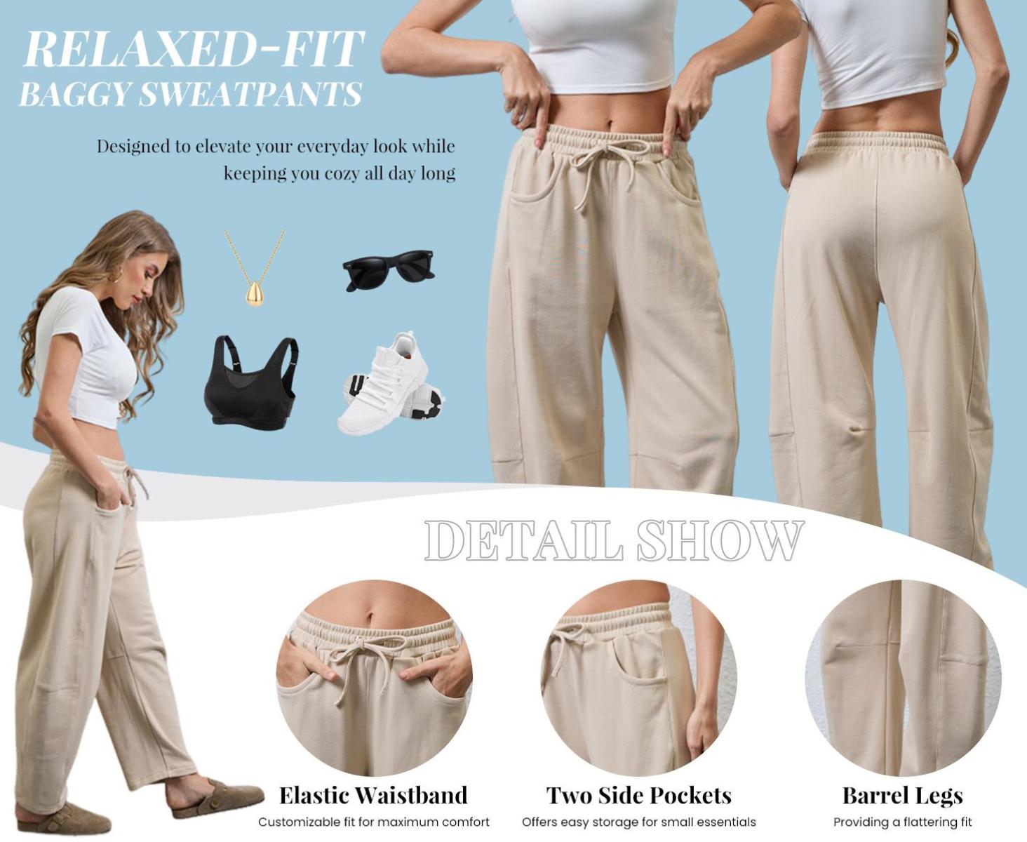 Yeokou Women's Barrel Leg Sweatpant Drawstring Elastic Waisted Wide Leg Pants Casual Cotton Palazzo Trousers with Pockets